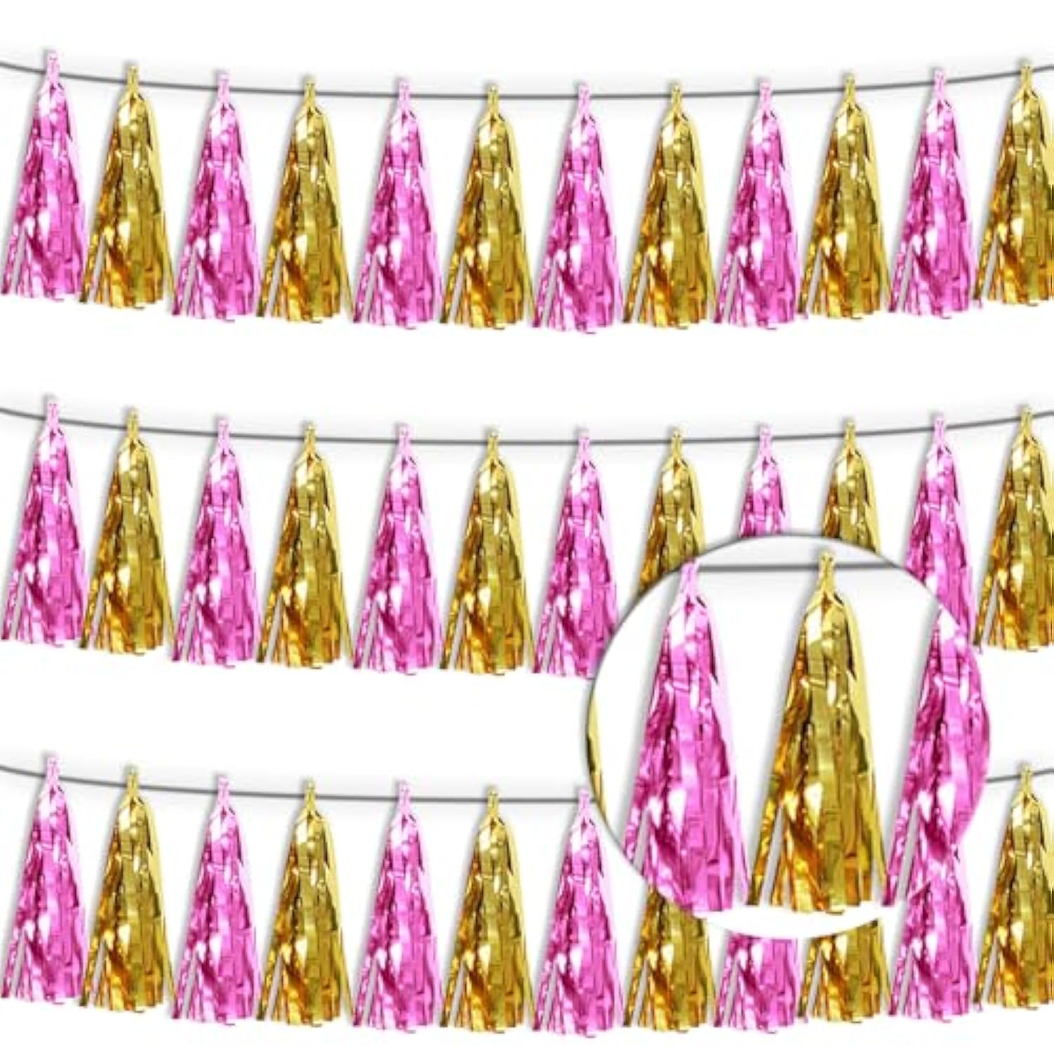 3P Gold Pink Metallic Fringe Tassel Banner Garland Foil Tinsel Streamer Wall Hanging Curtain Backdrop For Parade Floats, Graduation, Wedding, Bachelorette, Birthday, Retirement Party Decorations