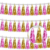 3P Gold Pink Metallic Fringe Tassel Banner Garland Foil Tinsel Streamer Wall Hanging Curtain Backdrop For Parade Floats, Graduation, Wedding, Bachelorette, Birthday, Retirement Party Decorations