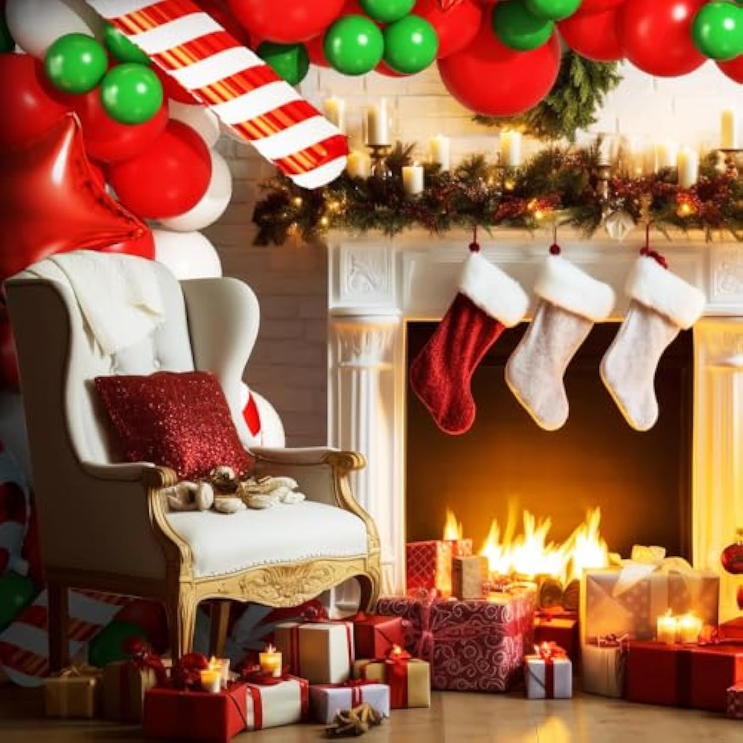 Christmas Balloon Garland Arch Kit, 123Pcs Red Green White New Year Xmas Balloons With Candy,Gift Box,Red Star,Cane Foil Balloons For Christmas Party Decorations,Birthday,Baby Shower