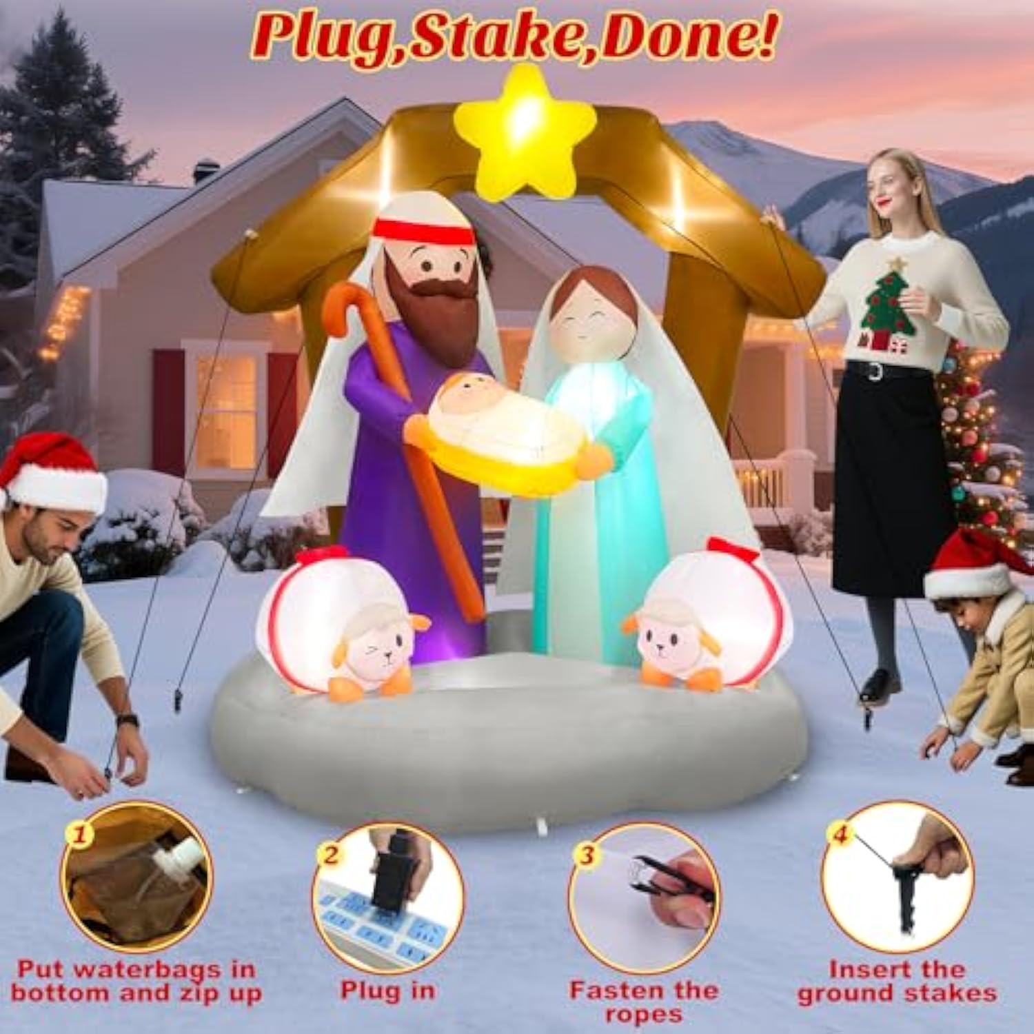 6Ft Tall Christmas Inflatables Nativity Scene Outdoor Decorations, Built-In Led Lights Funny Inflatable The Birth Of Jes