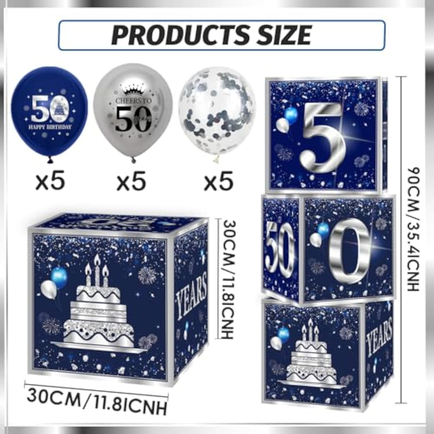 3Pcs 50Th Birthday Decorations Boxes For Men Blue Silver 50Th Happy Birthday Balloons Boxes Party Supplies 50 Year Old Birthday Theme Cardboard Box Decor.