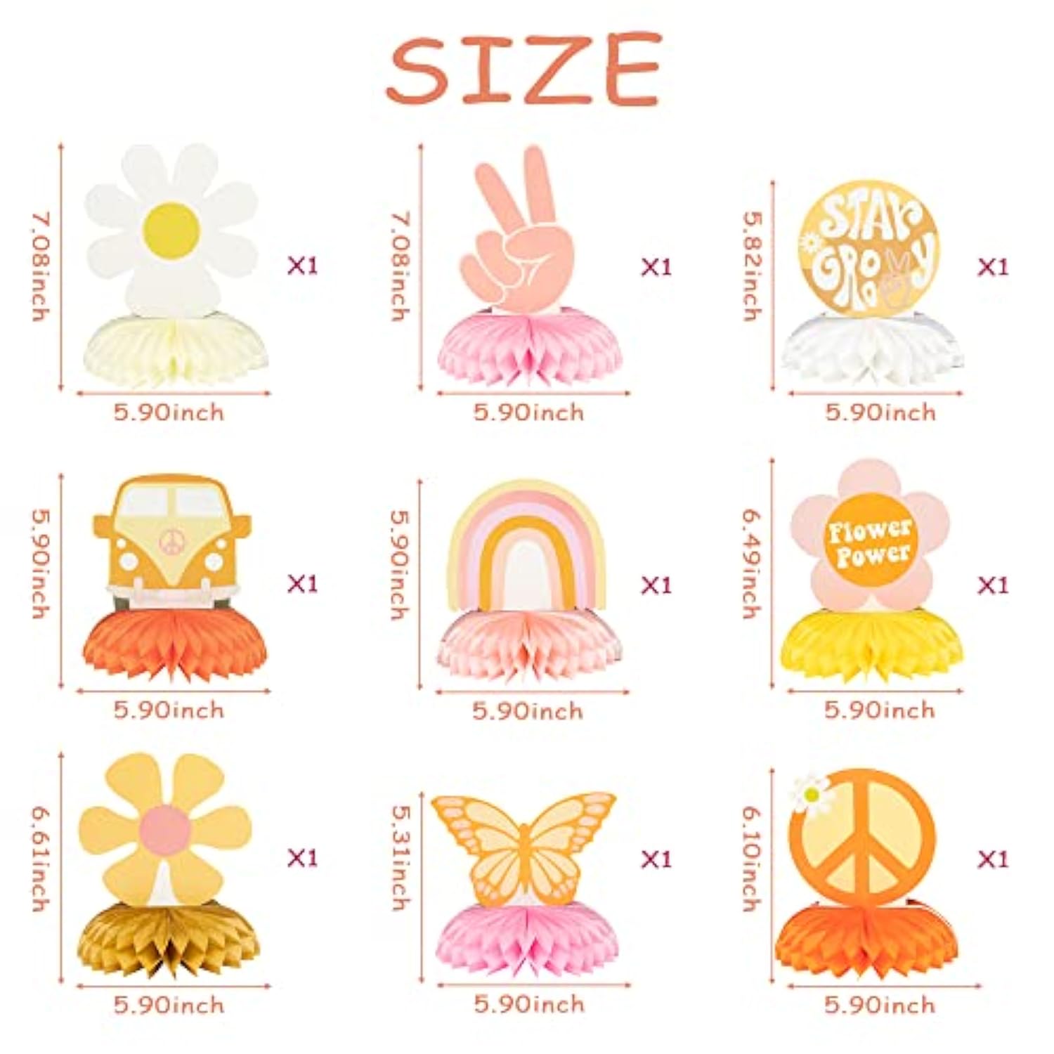 9Pcs Groovy Hippie Boho Party Honeycomb Centerpieces Retro Rainbow Decor