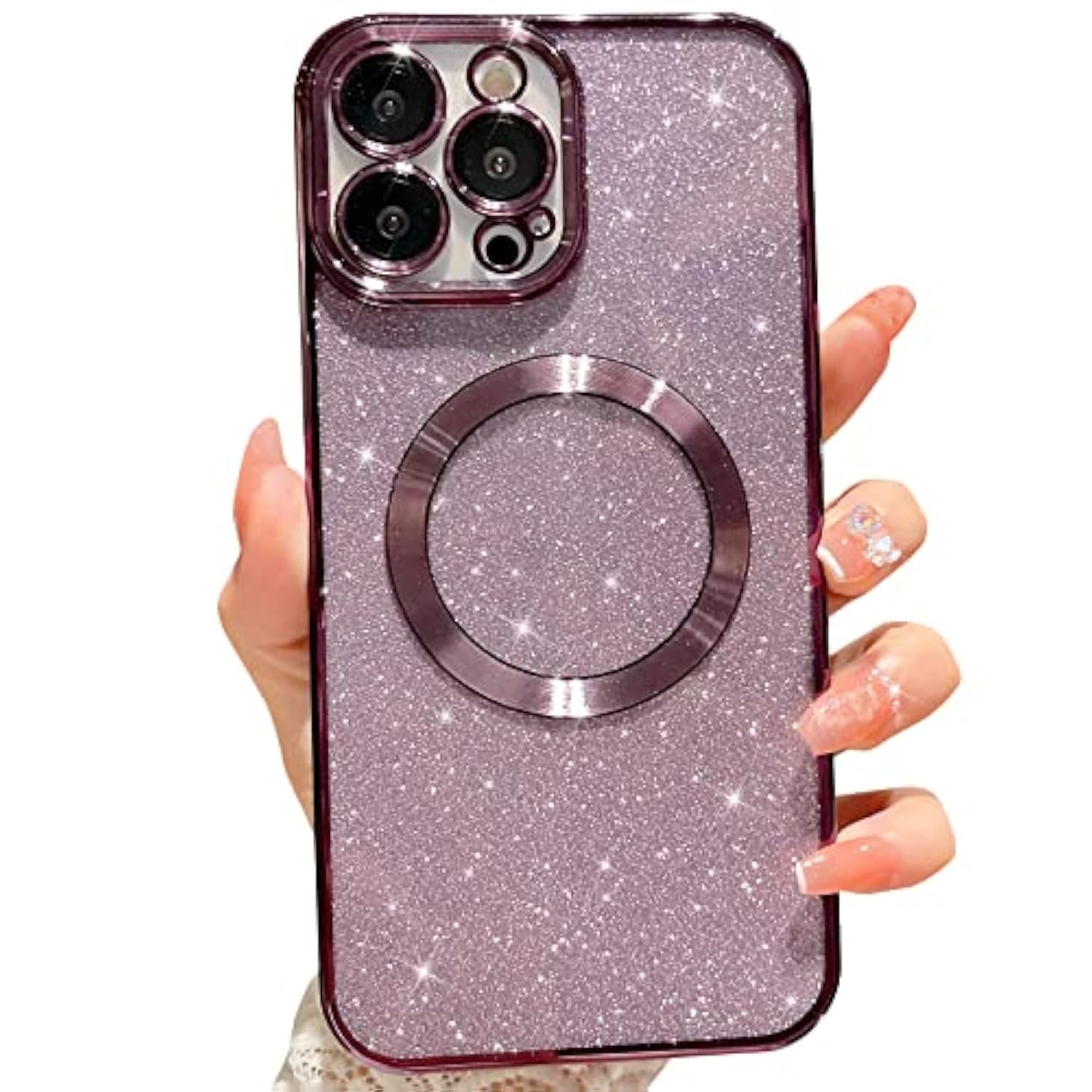 Compatible With 12 Pro Max Magnetic Glitter Case, Luxury Plating Cute Bling Clear Phone Case, Compatible With Magsafe For Women Girls With Camera Protector Back Cover - Purple