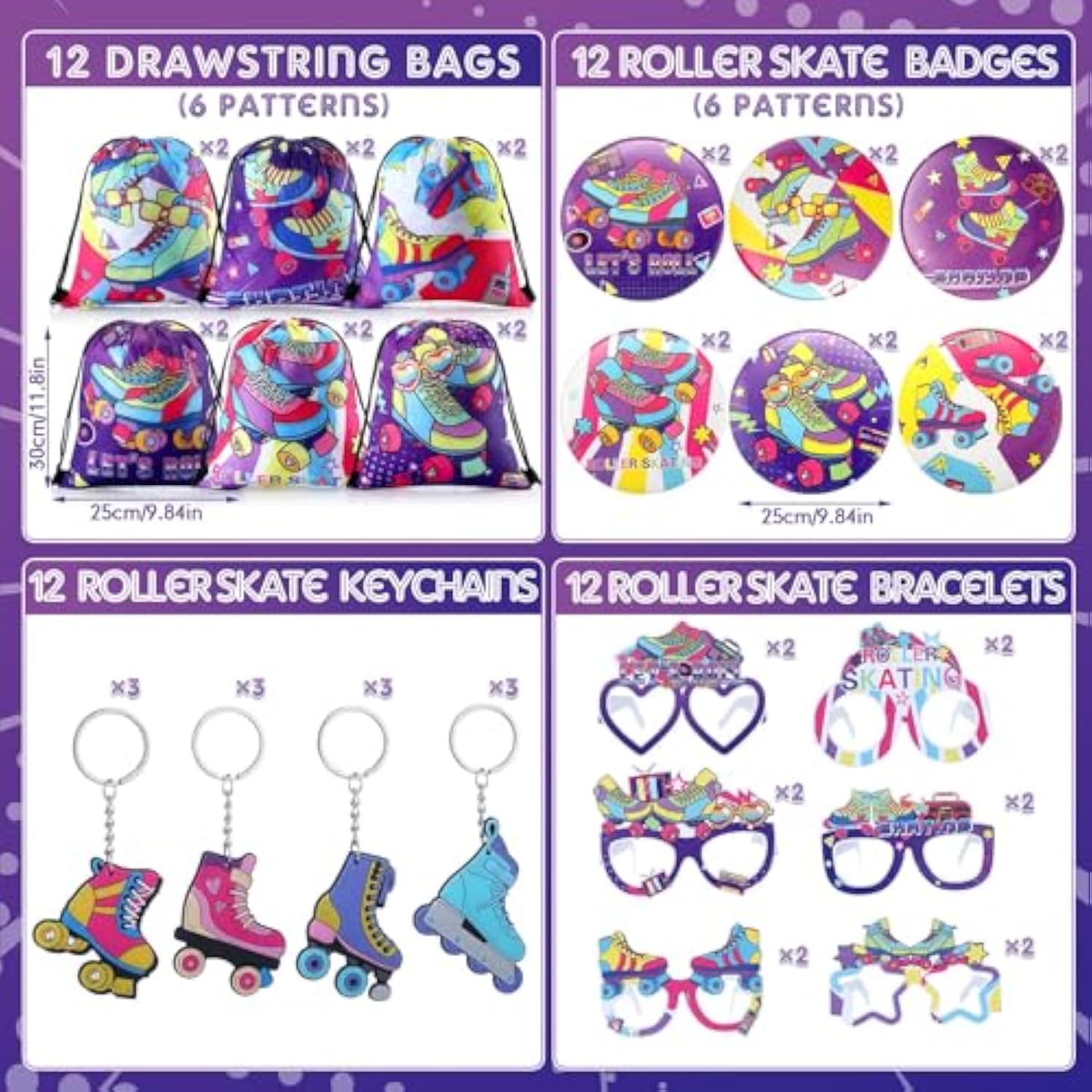 140 Pcs Roller Skate Party Favors Includes 12 Drawstring Backpacks 12 Silicone Wristbands 12 Badges 12 Keychains 18 Notepads 12 Pencils 12 Slap Bracelets 50 Stickers For Retro Hip Hop Party