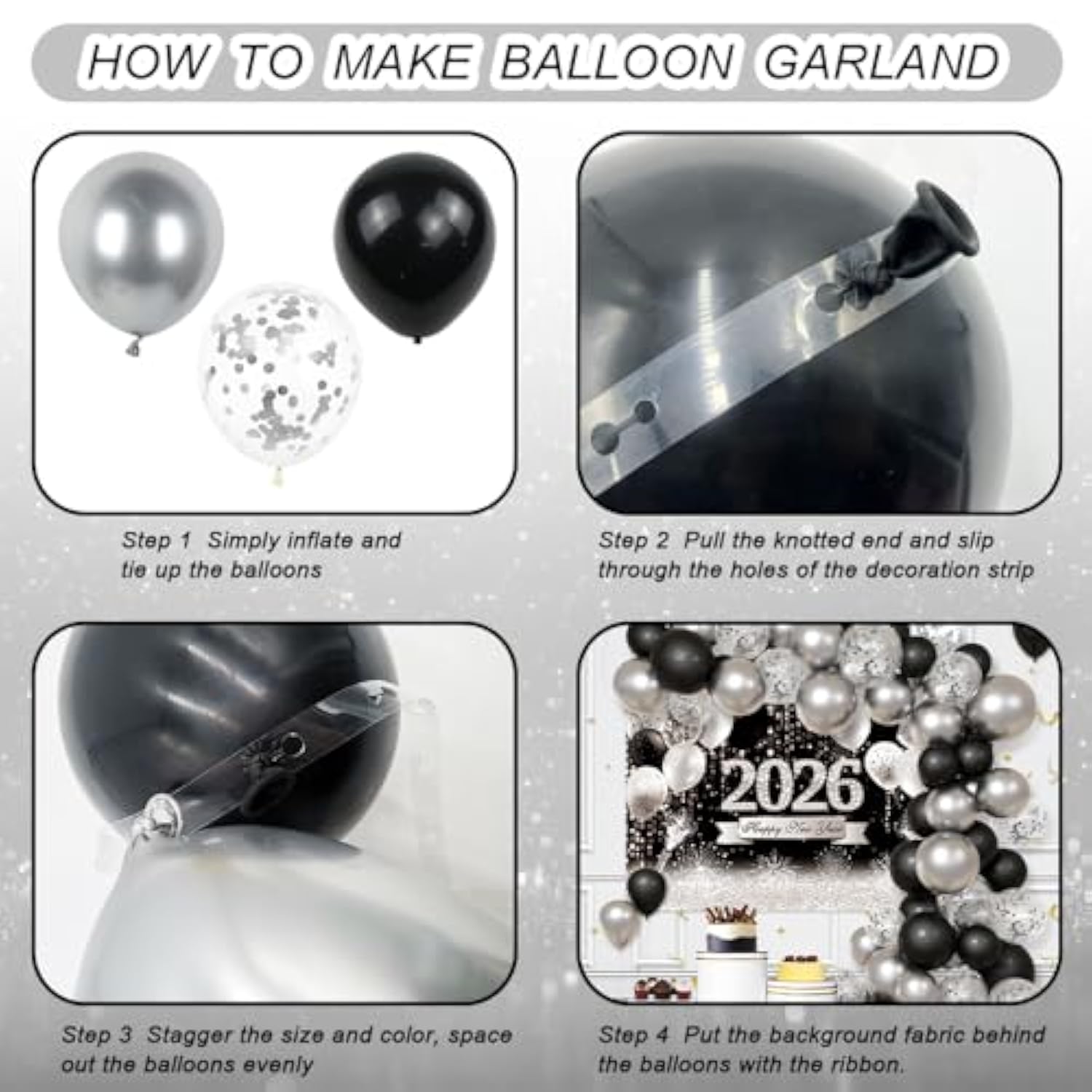 79 Pcs Black Silver Happy New Year 2026 Party Decoration Kit
