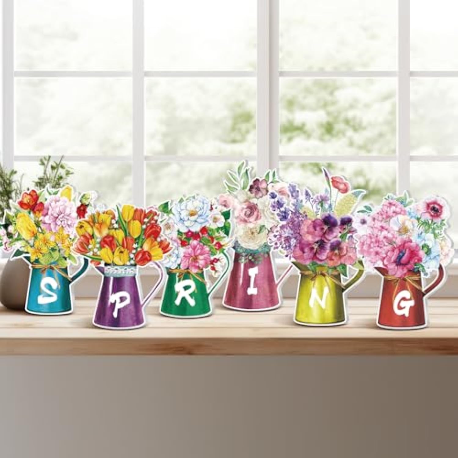 6 Pcs Spring Table Decorations For Home Spring Wood Block Watering Can Flower Tiered Tray Farmhouse Table Centerpiece For Home Kitchen Holiday
