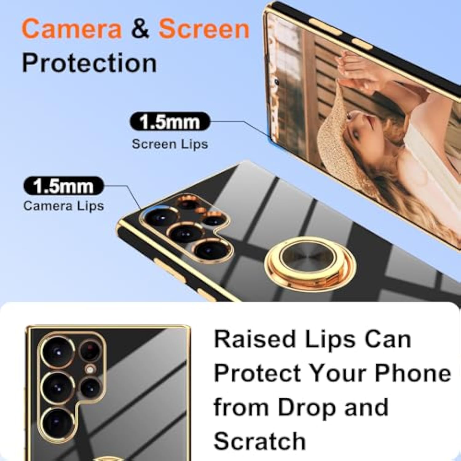 For Samsung Galaxy S22 Ultra Case: With 2Pcs Screen Protector, 360° Rotation Ring Holder Magnetic Kickstand, Plating Gold Edge Soft Tpu Shockproof Protective Cover For S22 Ultra, Black