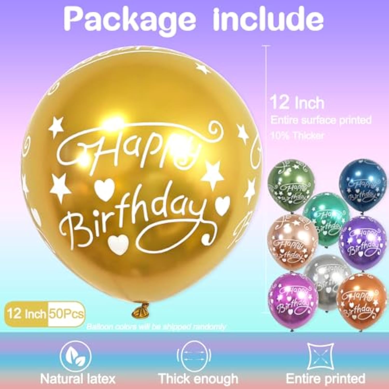 50 Pcs 12 Inch Printed "Happy Birthday" Multicolor Metallic Latex Balloons, Assorted Colors Happy Birthday Balloon For Birthday Party Supplies Baby Shower Decorations, Globos De Cumpleaños