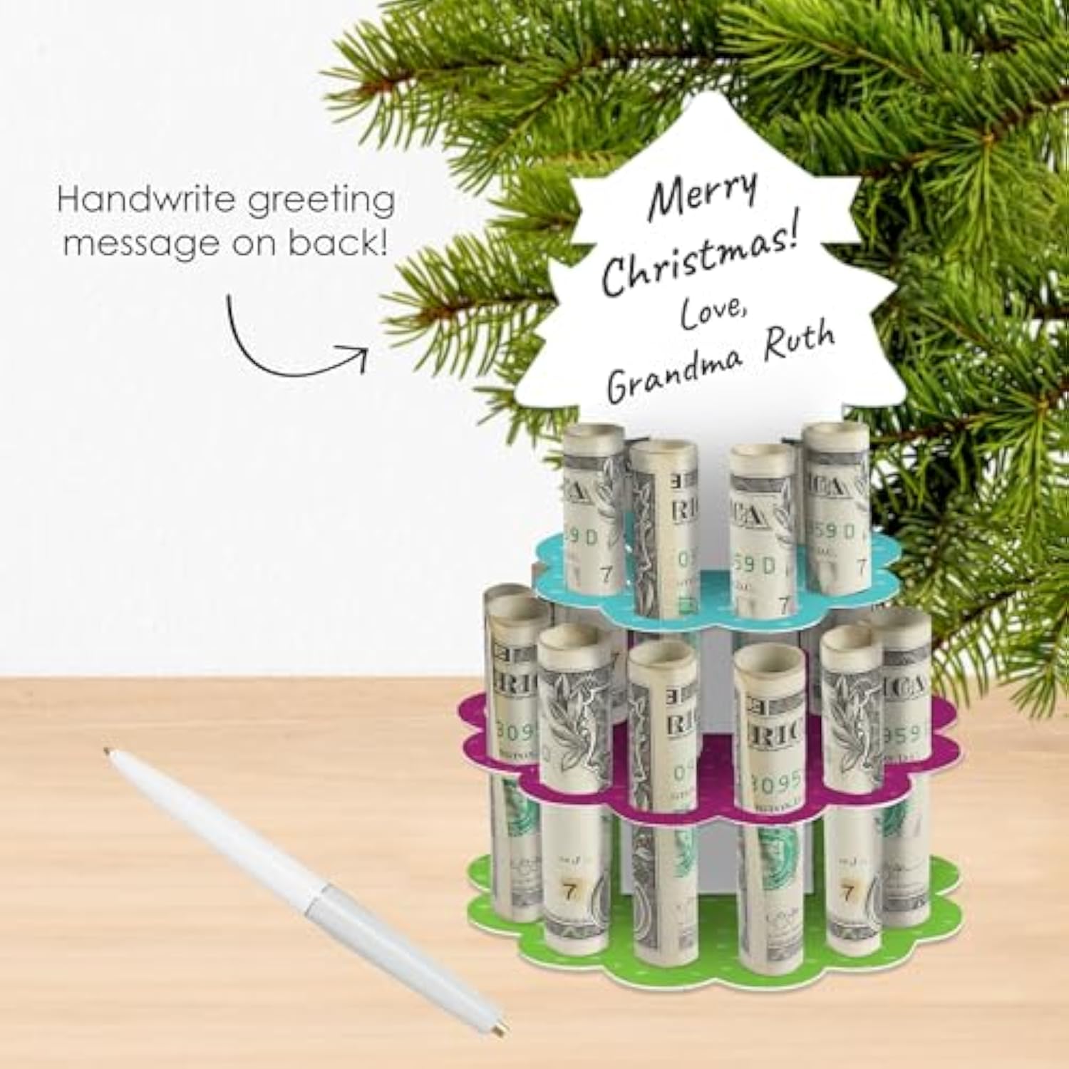 Merry And Bright Trees - Diy Colorful Whimsical Christmas Party Money Holder Gift - Cash Cake