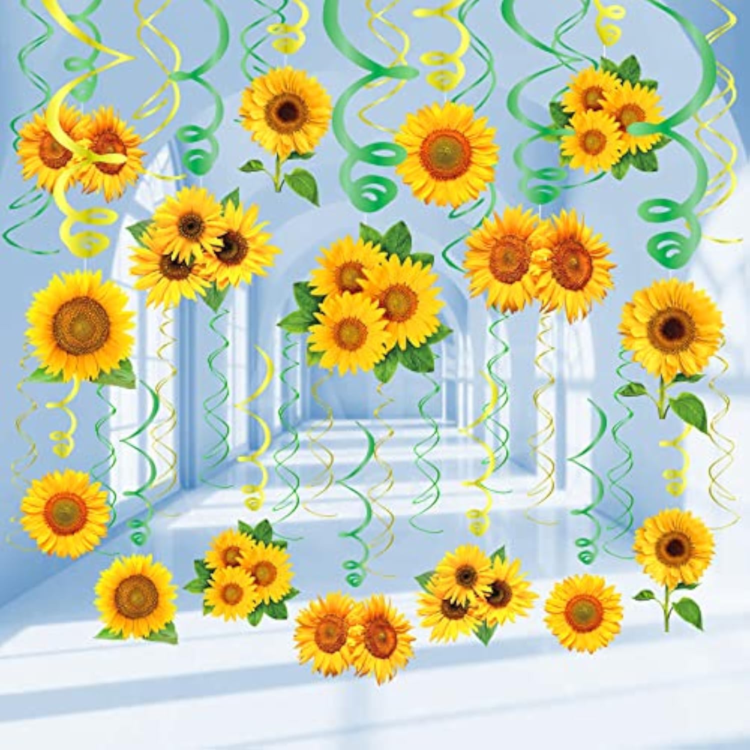 30Pcs Sunflower Decorations Hanging Swirls Spring Summer Party Supplies Sun Flowers Foil Ceiling Wall Decor For Baby Shower Birthday Wedding Family Holiday Favors