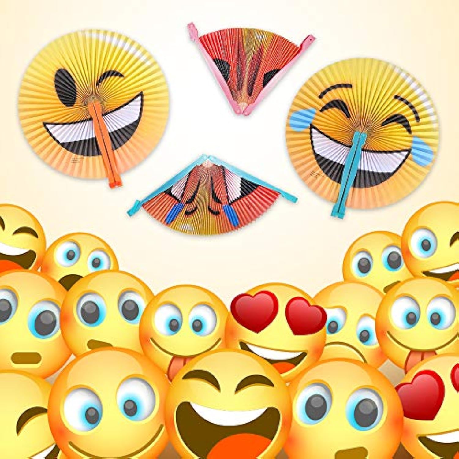 Emoticon Handheld Folding Fans For Kids, Pack Of 12, Assorted Emoticons, 10 Inch Foldable Fans For Boys And Girls, Emoticon Birthday Party Favors And Supplies, Cute Goodie Bag Fillers