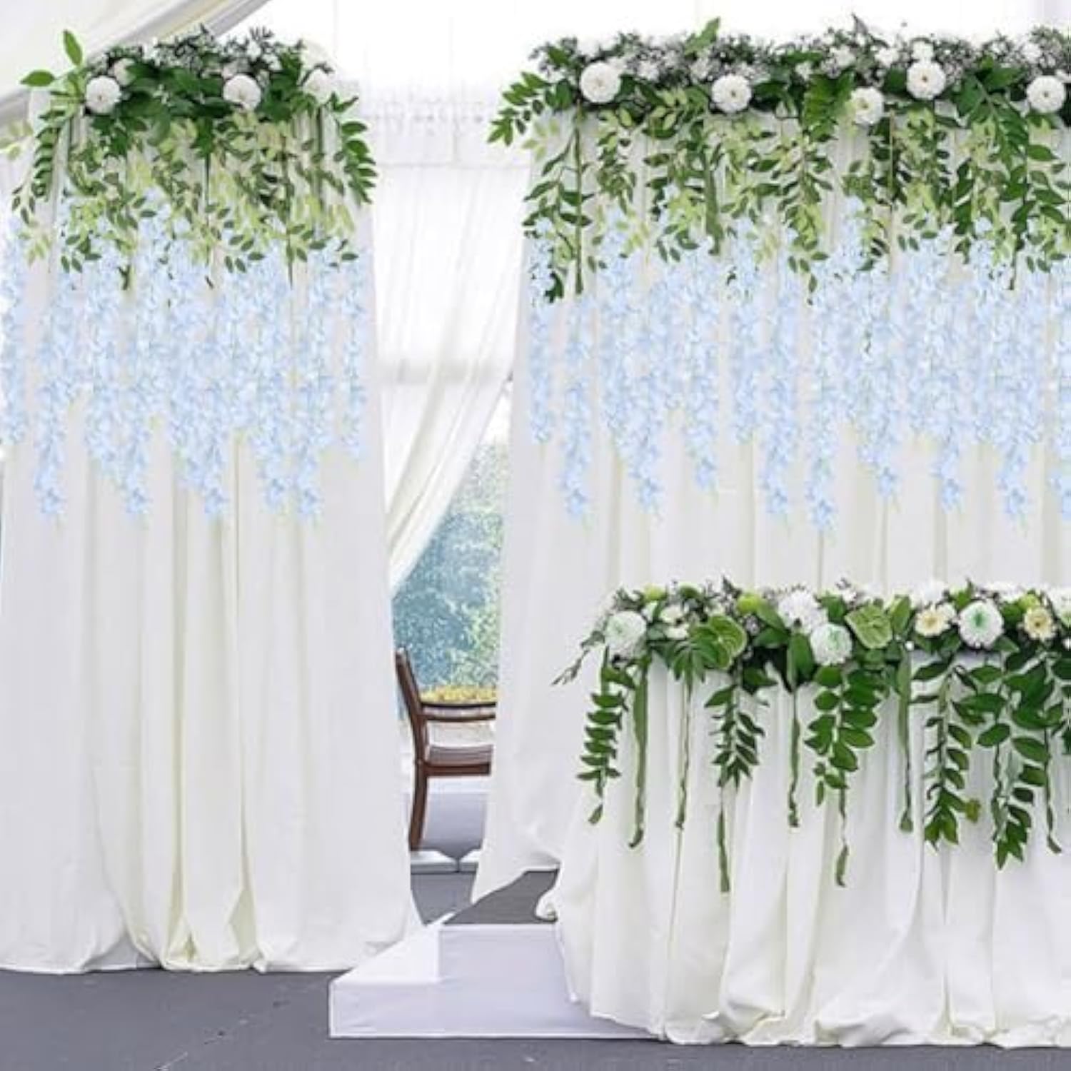 12Pack Wisteria Hanging Flowers Vines 3.6Ft Baby Blue Artificial Flowers Fake Wisteria Bushy Garland Silk Flowers Hanging Rattan String For Garden Home Wall Wedding Party Decor (Baby Blue)
