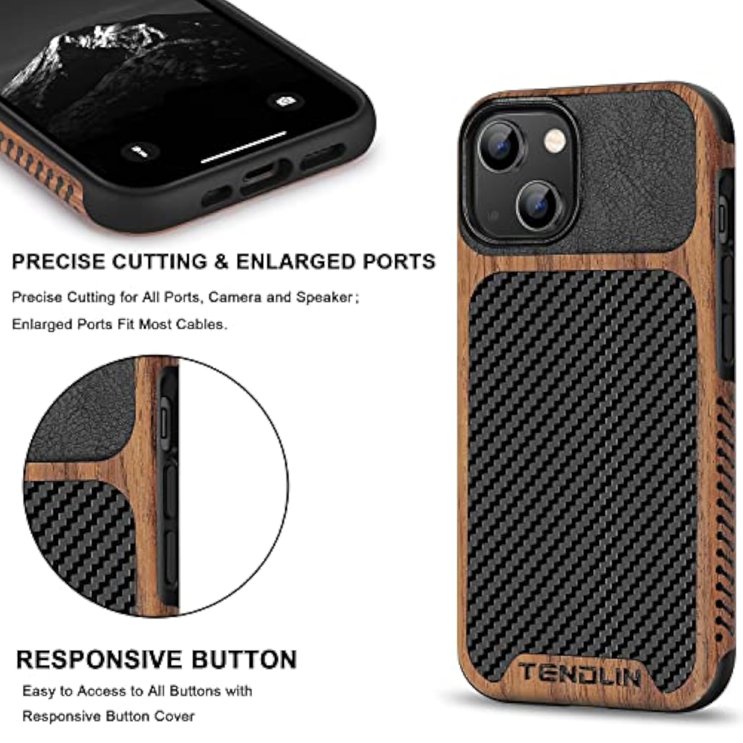 Compatible With Iphone 14 Case Wood Grain With Carbon Fiber Texture Design