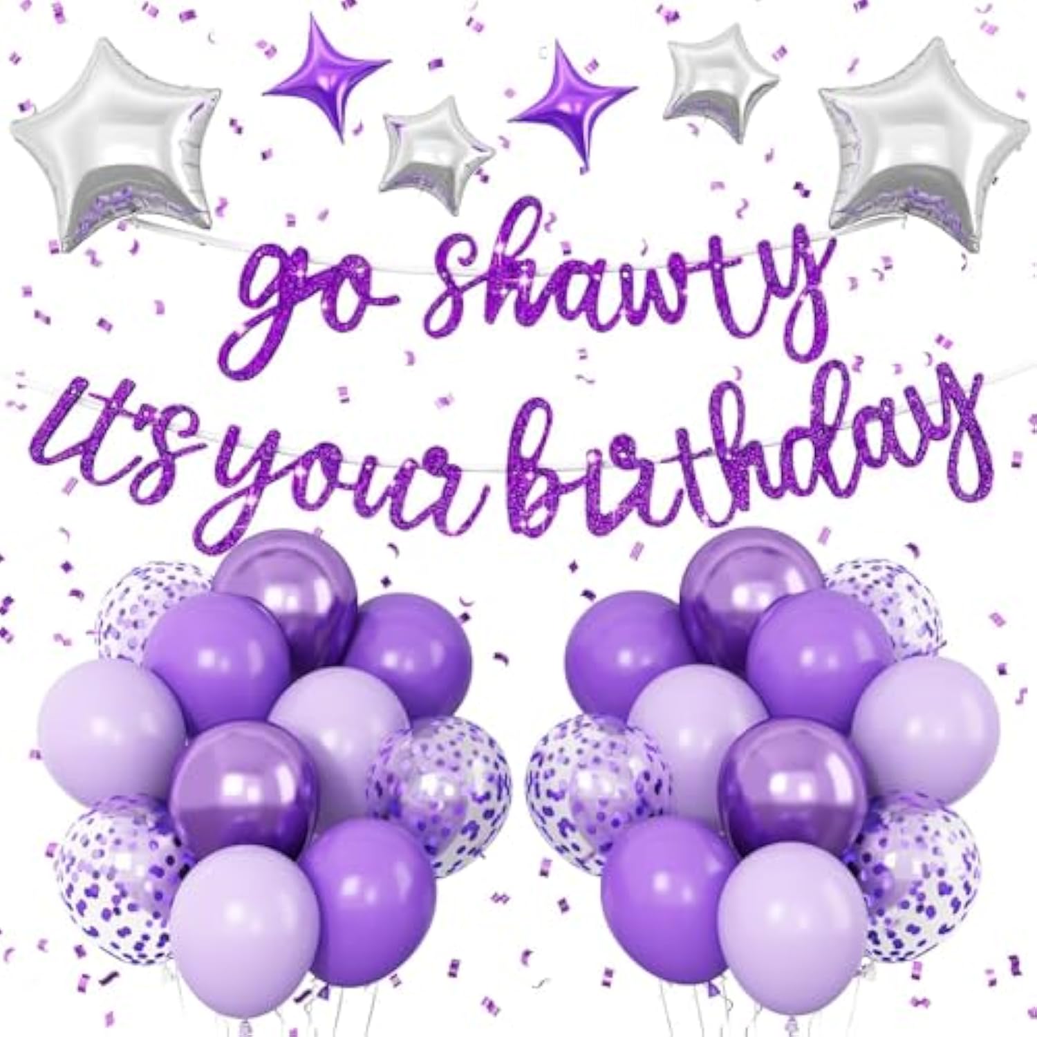 Purple Go Sha It'S Your Birthday Banner Balloons Set, Glitter Happy Birthday Banner With Purple Silver Confetti Balloon Star Foil Balloon For Girls Women Hip Hop Rap Theme Birthday Party Decoration