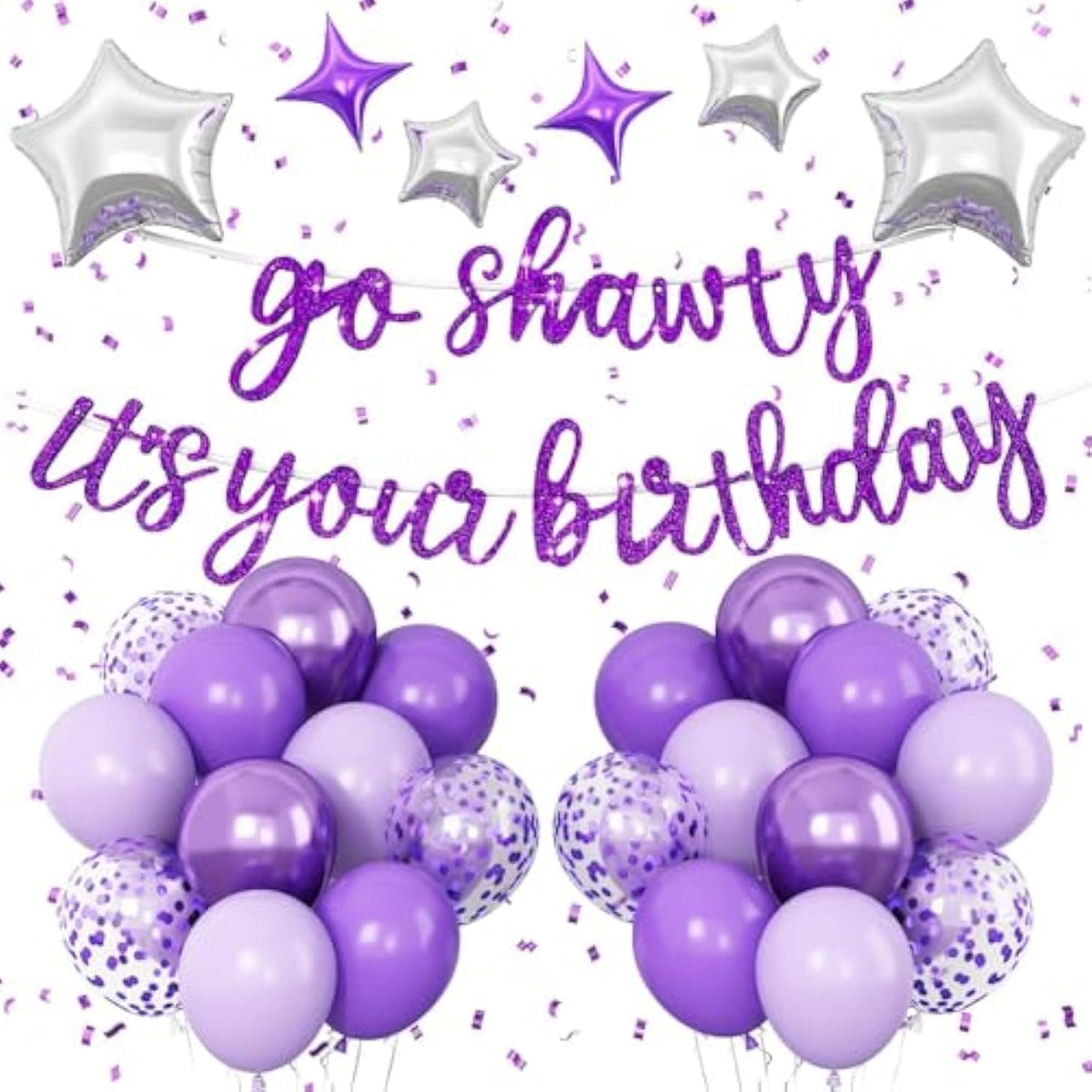 Purple Go Sha It'S Your Birthday Banner Balloons Set, Glitter Happy Birthday Banner With Purple Silver Confetti Balloon Star Foil Balloon For Girls Women Hip Hop Rap Theme Birthday Party Decoration