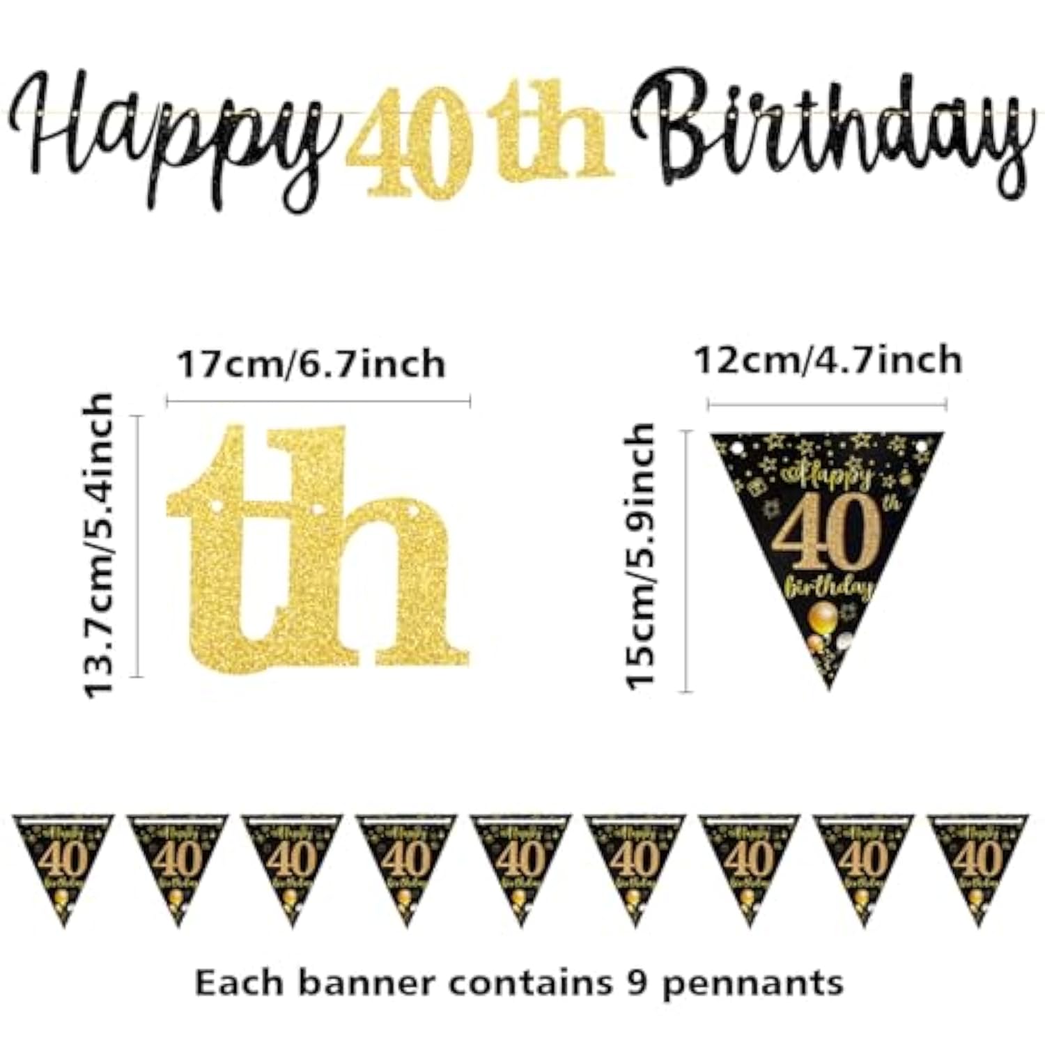Black Gold 40th Birthday Banner for Men and Women Party Decor