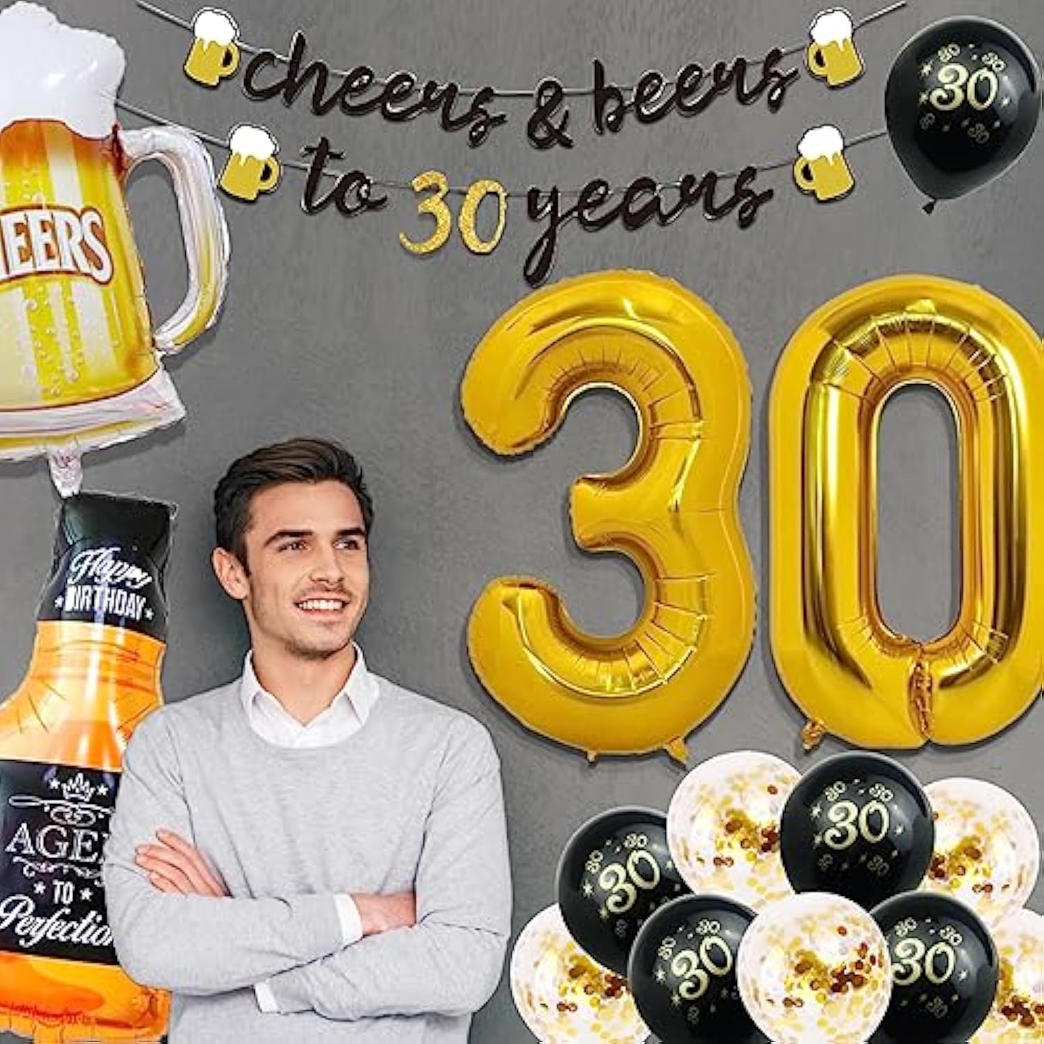 30th Birthday Decor - Gold 30 Balloons, Cheers Banner & Fringe Curtains