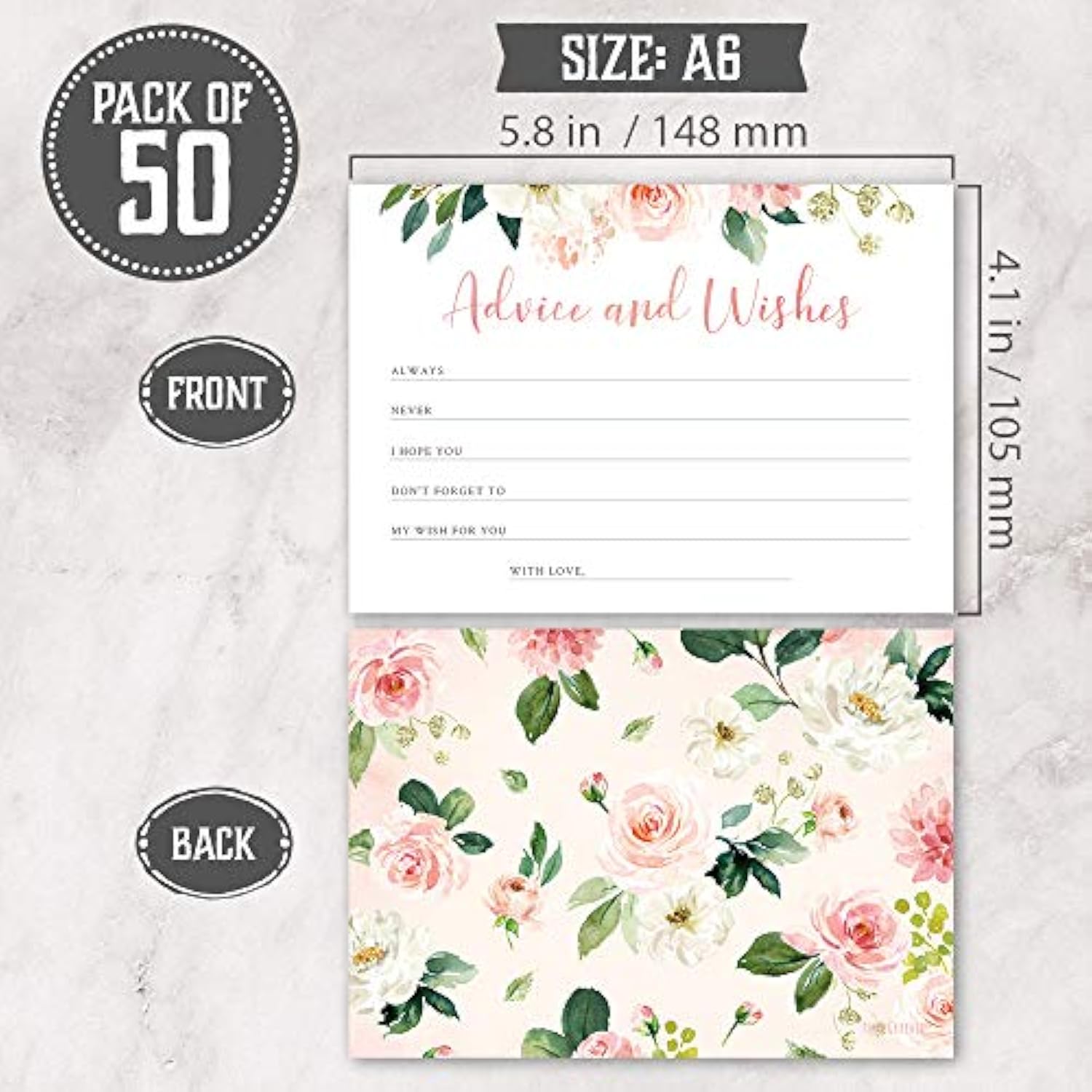 Set Of 50 Advice And Wishes Cards - Double Sided Floral Cards, Perfect For The Bride And Groom, Baby Shower, Bridal Shower, Wedding Shower, Graduation Party, Retirement Party, Anniversary