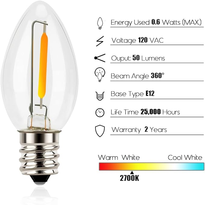 C7 Candelabra LED Light Bulbs E12 Chandelier Base Warm White 2700K Clear Bulbs 4 Pack
