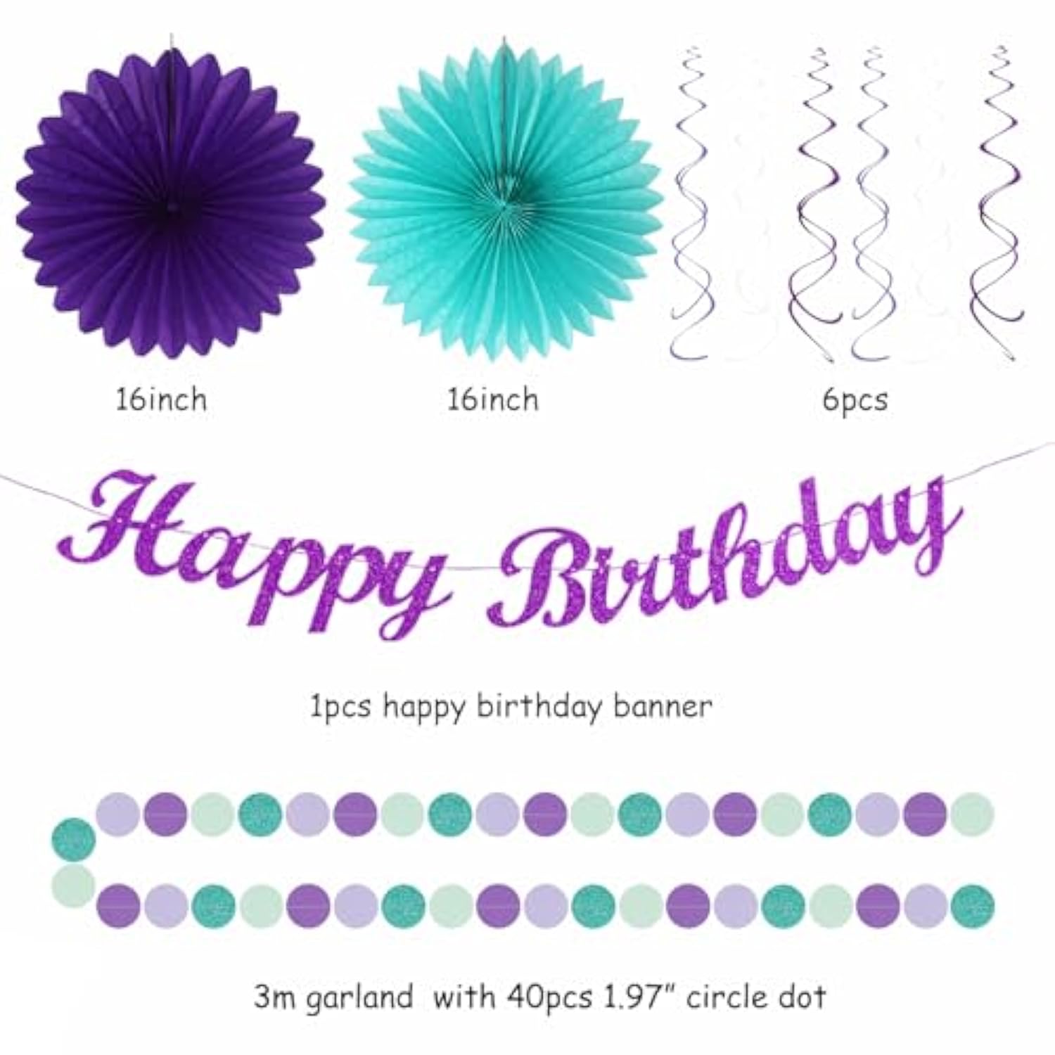 Teal-Purple Lavender Girl Mermaid-Birthday Party-Decorations - 21Pcs Happy Banner,Under The Sea Ocean Paper Lanterns Honeycomb Streamers,Tissue Pom Poms Flower Fan,Classroom Hanging Decor