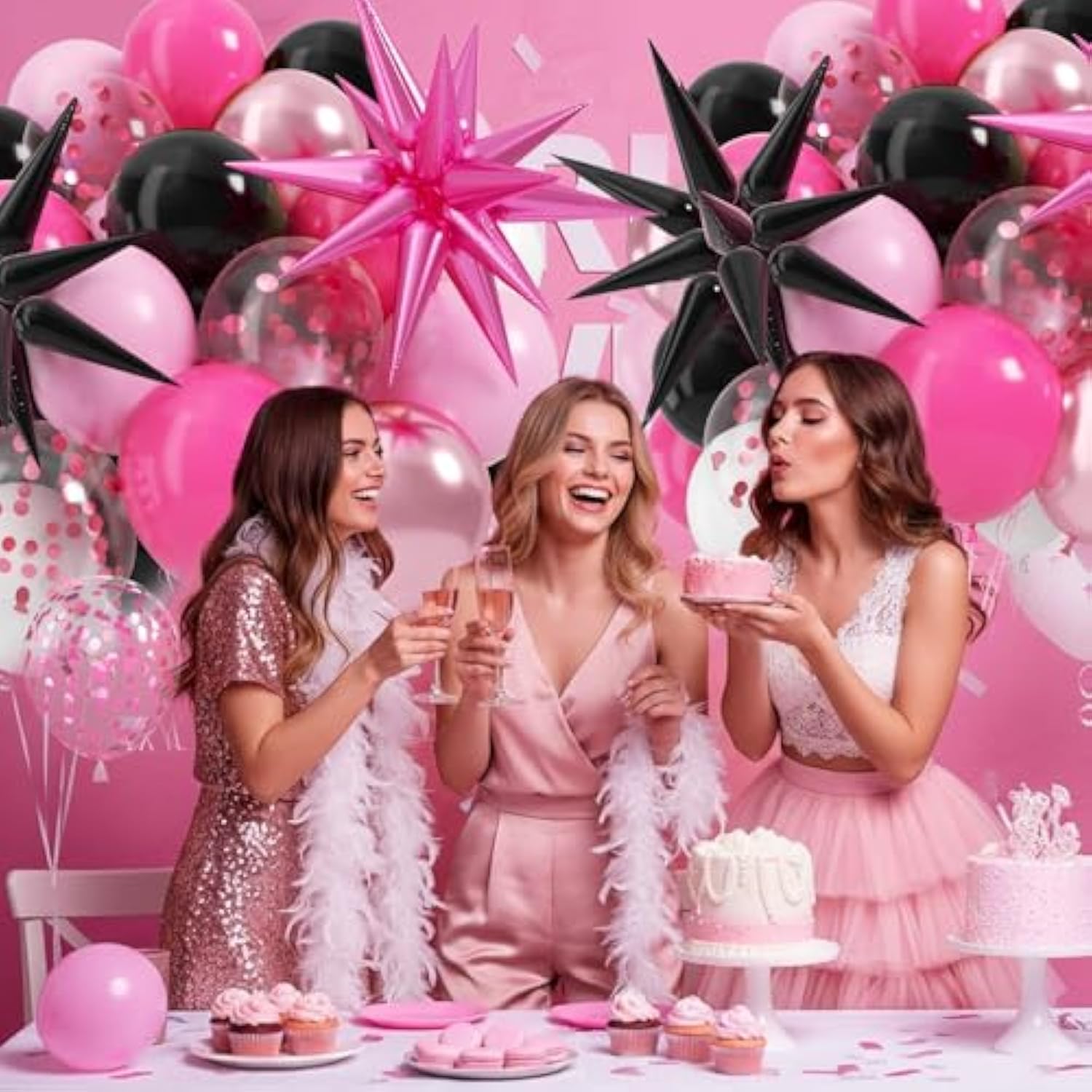 Pink And Black Balloons, 12 Inch Hot Pink And Black Party Decorations With Confetti Metalic Balloon Star Foil Balloons For Mouse Theme Birthday Wedding Bridal Shower Party Decoration