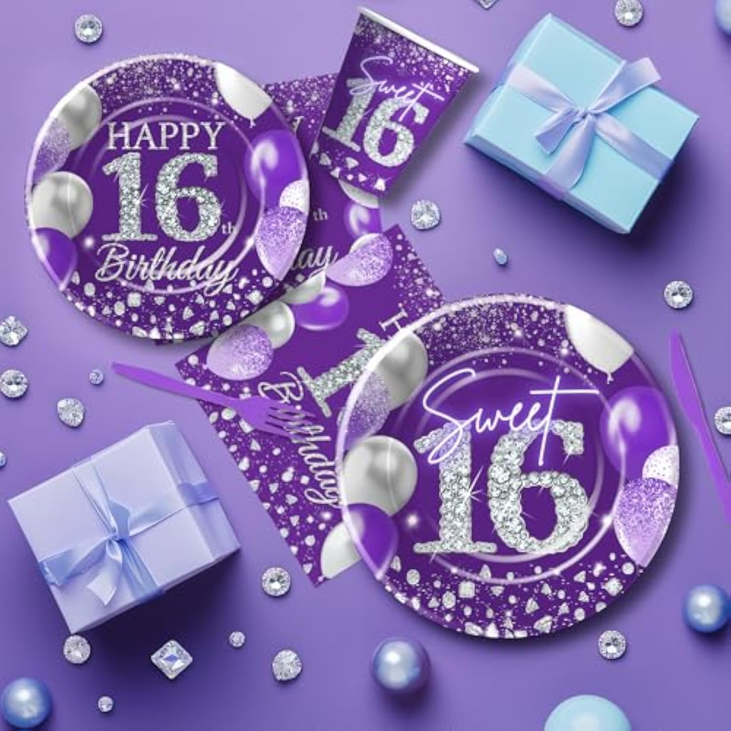 Sweet 16 Birthday Decorations Girls, Purple 16Th Birthday Party Supplies, Paper Plates And Napkins Set, Cups, Tablecloth, Banner, Swirls, Happy Sweet Sixteen Table Decorations, Serves 24
