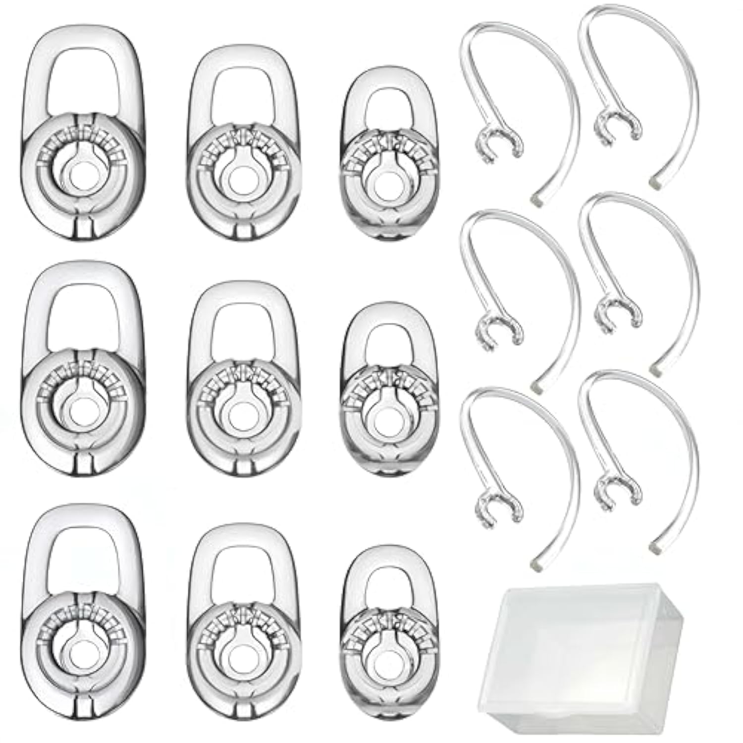 Replacement Earbuds Ear Tips, Ear Hook Loops, For Plantronics M155 M165 M1100 M100 M55 M28 M25 Voyager Edge, 6Pcs Bearloops Earhook 9Pcs Ear Bud Gel S/M/L, With Storage Box (Clear+Clear)