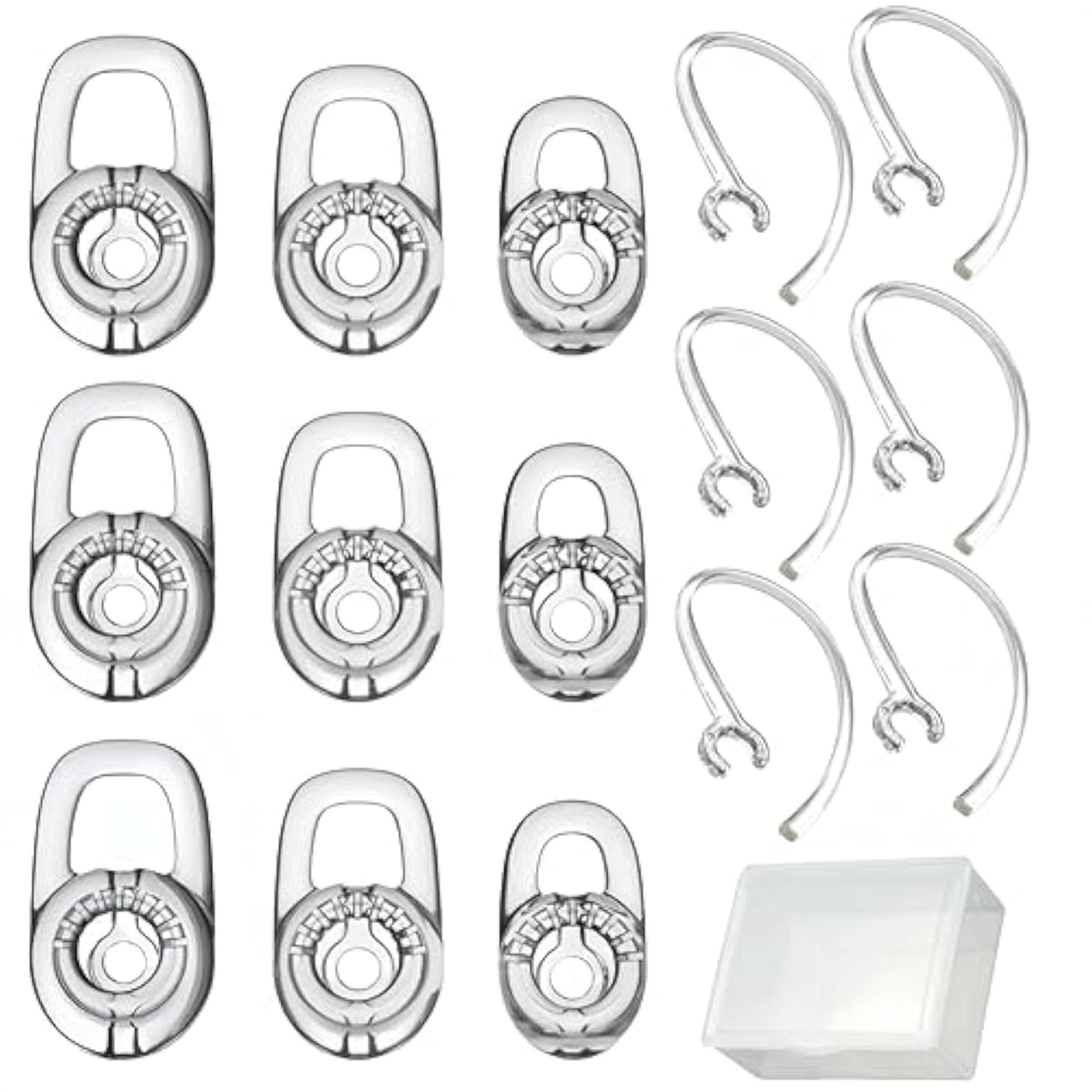 Replacement Earbuds Ear Tips, Ear Hook Loops, For Plantronics M155 M165 M1100 M100 M55 M28 M25 Voyager Edge, 6Pcs Bearloops Earhook 9Pcs Ear Bud Gel S/M/L, With Storage Box (Clear+Clear)