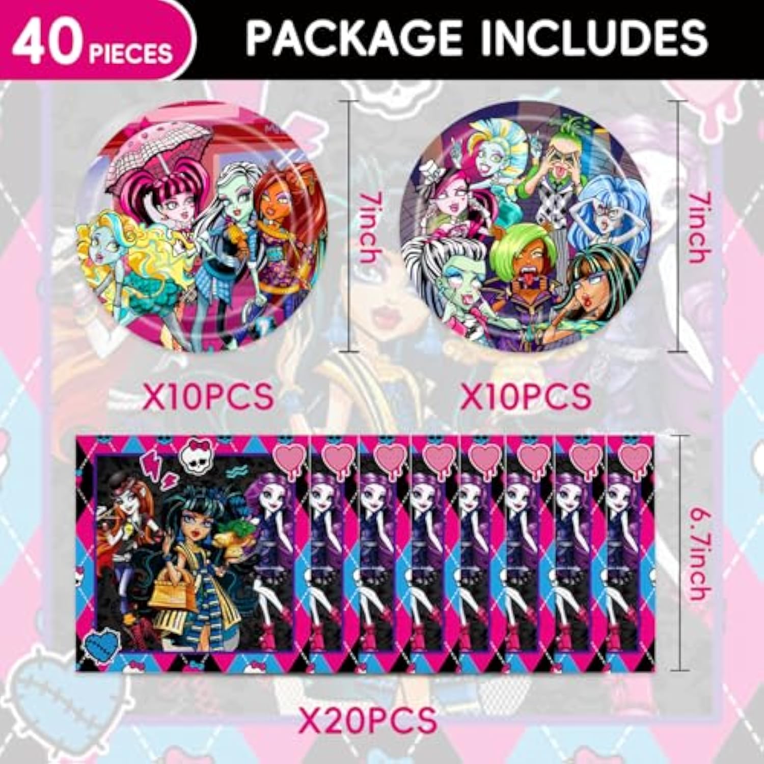 40Pcs Monster-High Party Supplies, Party Tableware Set For 20 Guests?Theme Birthday Decorations ?Used For Monster-High Birthday Party Supplies