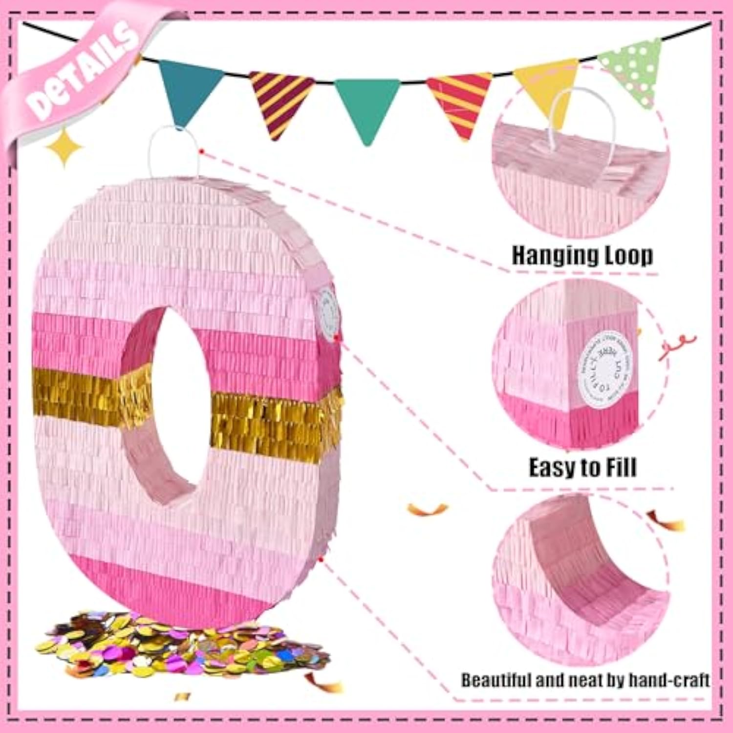 20 Inch Number 7 Piñata Pink Gold With 30 Inch Piñata Stick Blindfold Confetti For Boys Girls Adults Birthday Party Decorations, Anniversary Celebration, Fiesta
