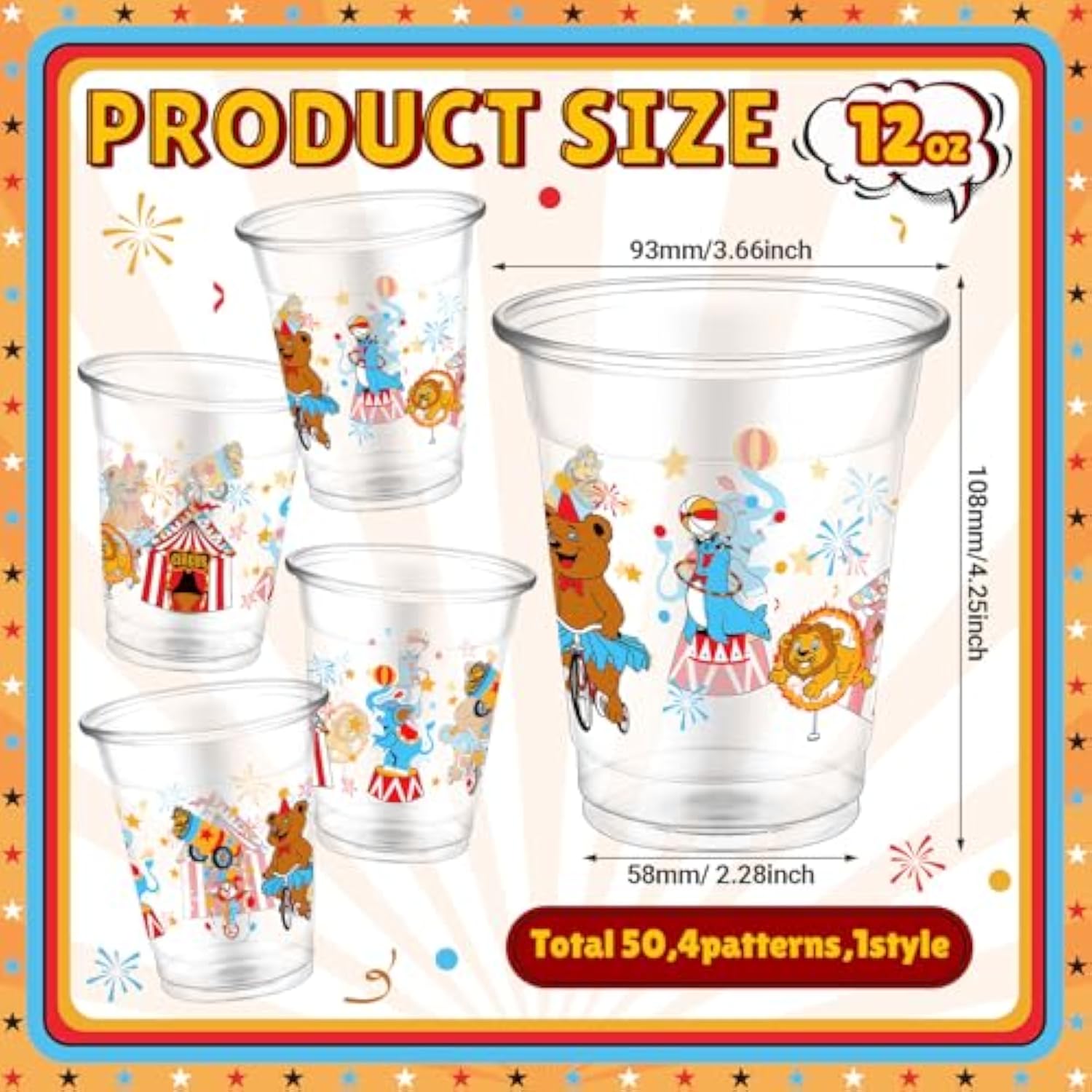 50 Pcs Circus Cups 12 Oz Plastic Circus Birthday Cups Clear Circus Disposable Cups Circus Theme Drinking Cups For Home Party Circus Theme Birthday Baby Shower Supplies Decoration (Circus)
