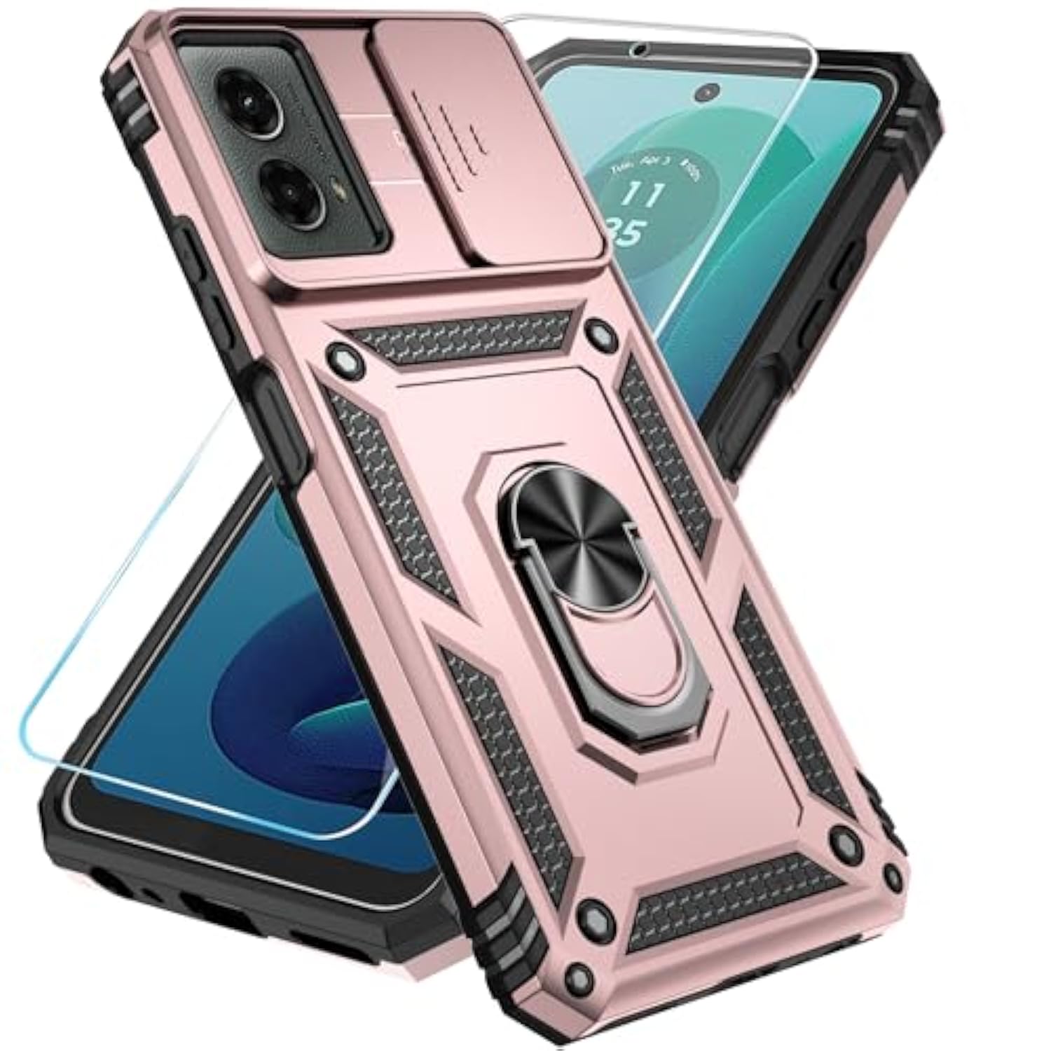 Phone Case For Motorola Moto G 5G 2024 Case With Hd Screen Protector & Slide Camera Cover & Kickstand, [Military-Grade] Phone Case For Moto G 5G 2024 (Rosegold)