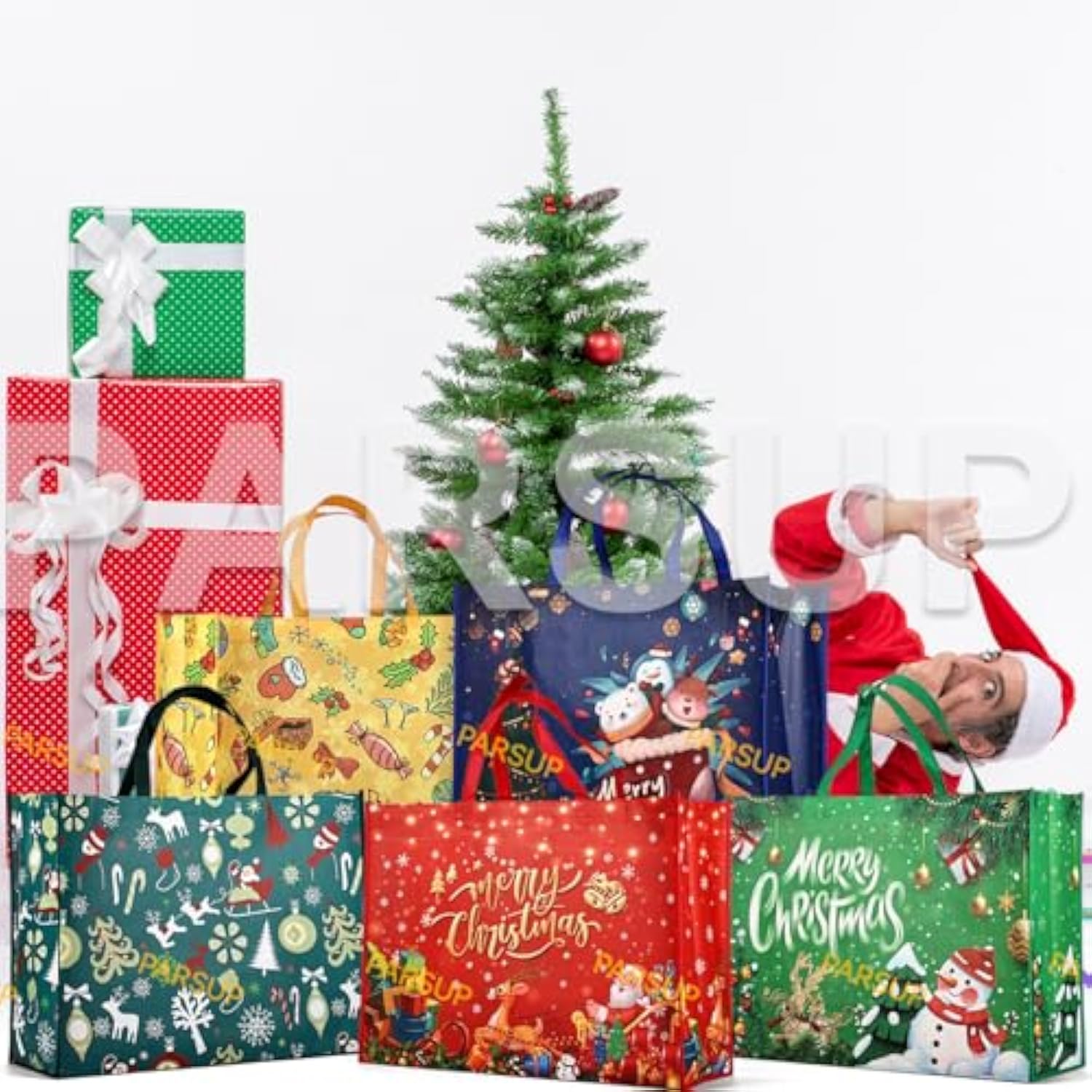 15Pcs Giant Christmas Gift Bags, Heavy Duty Treat Tote Grocery Bags With Handles, Sewing Non-Woven Jumbo Bags For Gifts Wrapping Shopping, Xmas Party Supplies, 21.26"×15.7"×7.9"