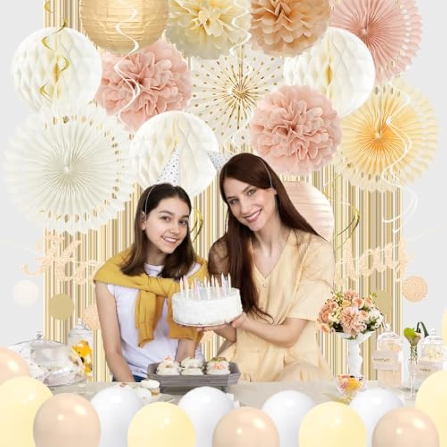 Champagne-Gold Pink Birthday Decorations For Women Girls,Pre-Strung Happy Birthday Banner,Boho Peach Paper Lanterns Tissue Pom Poms Fan,Cream White Balloons,Girl Woman Party Backdrop Supplies