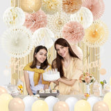 Champagne-Gold Pink Birthday Decorations For Women Girls,Pre-Strung Happy Birthday Banner,Boho Peach Paper Lanterns Tissue Pom Poms Fan,Cream White Balloons,Girl Woman Party Backdrop Supplies