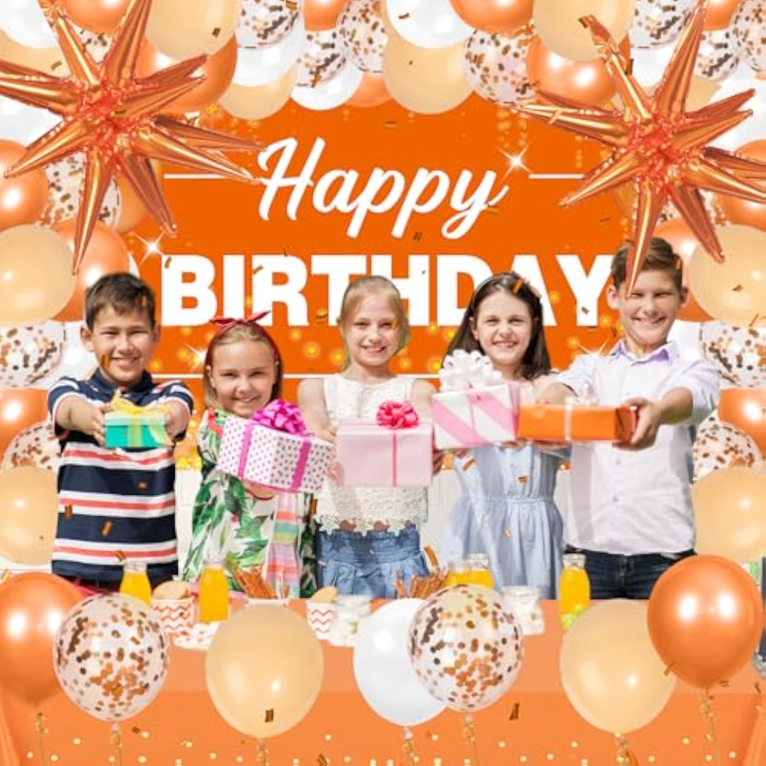 62PCS Orange Balloon Arch Kit with Happy Birthday Banner Star Foil Balloons for Party