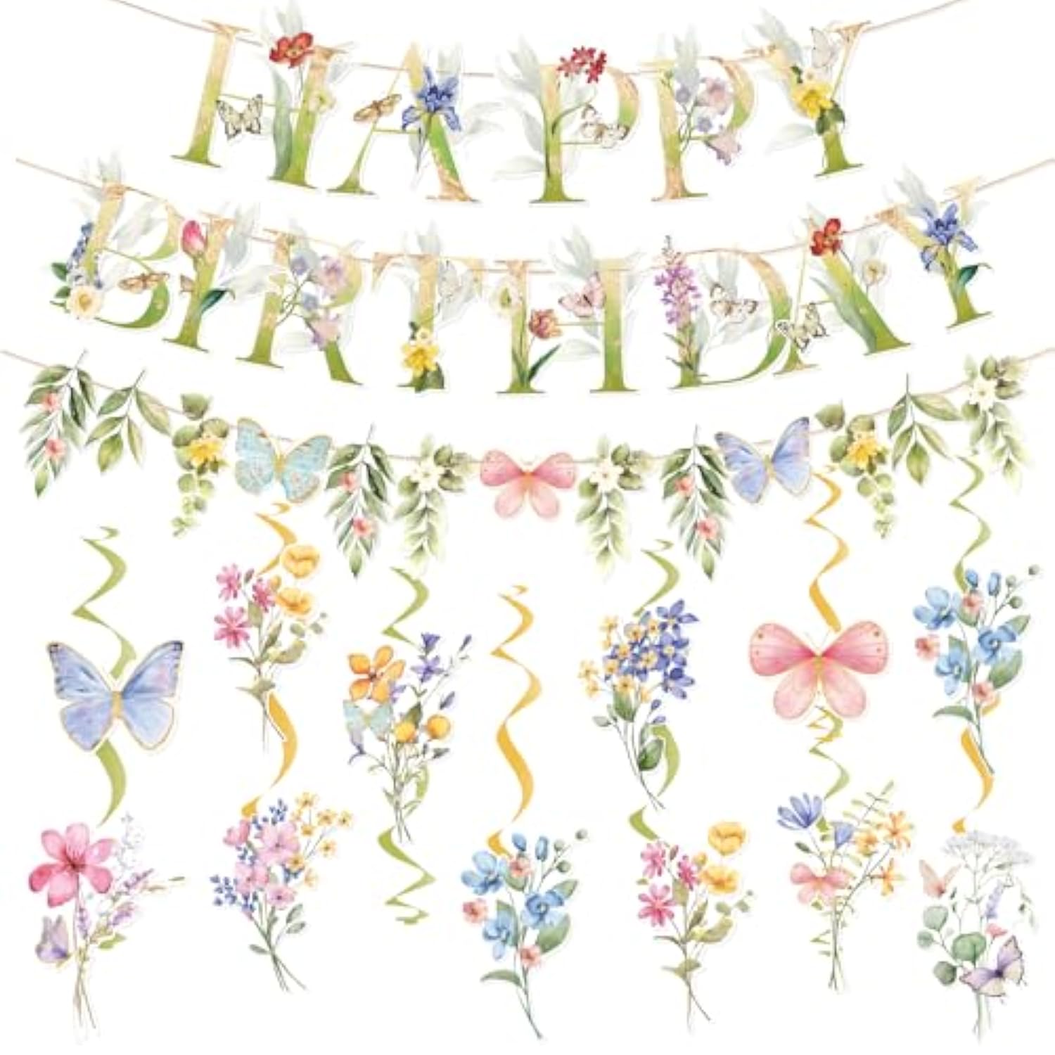 Wildflowers Butterfly Happy Birthday Banner With Hanging Decorations, Butterfly Garden Party Decorations Spring Hanging Swirls Supplies