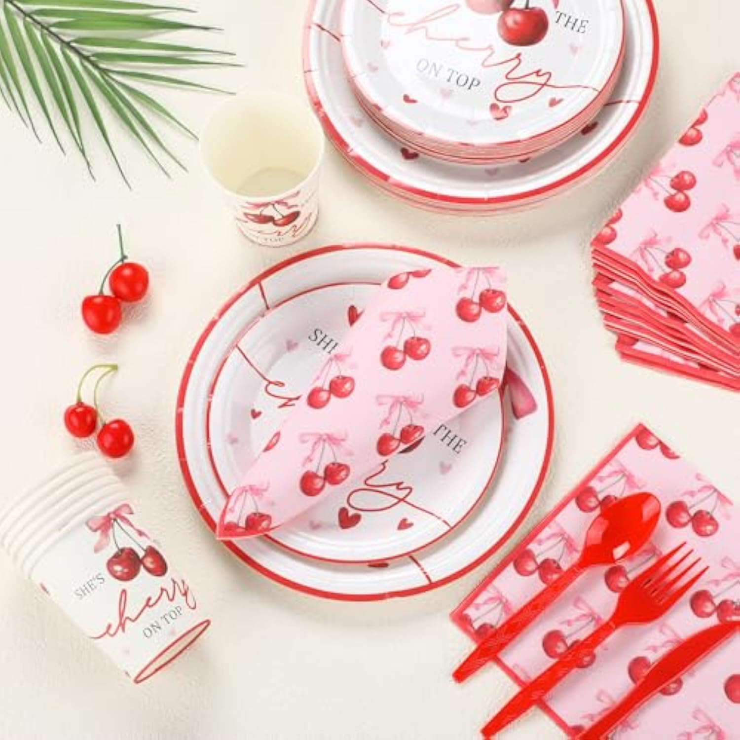 168Pcs She'S The Cherry On Top Paper Plates And Napkins Coquette Cherry Bow Baby Shower Party Supplies Decorations Tableware Include Plate Paper Napkin Cup For 24 Guests Bridal Wedding Birthday