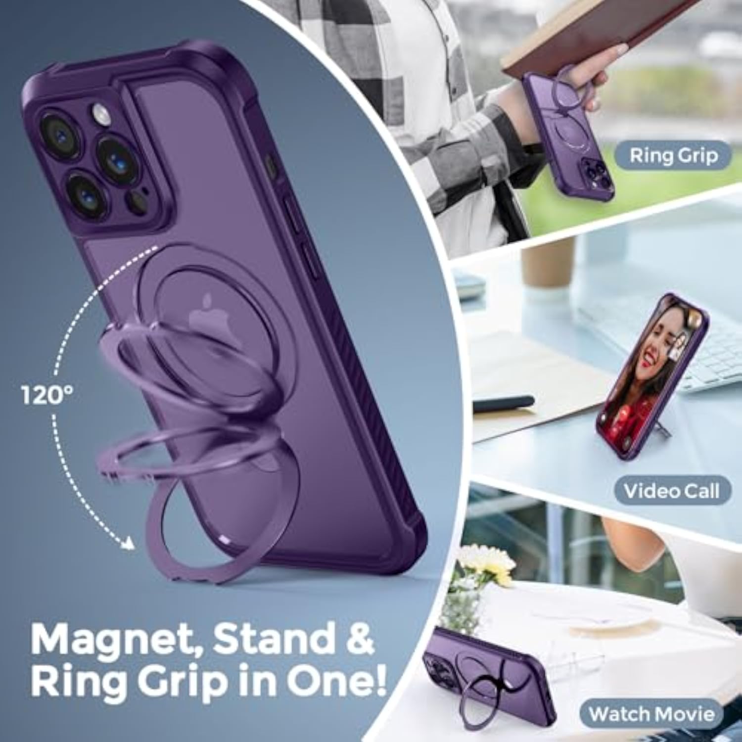 Magnetic Deep Purple Stand Case for iPhone 14 Pro