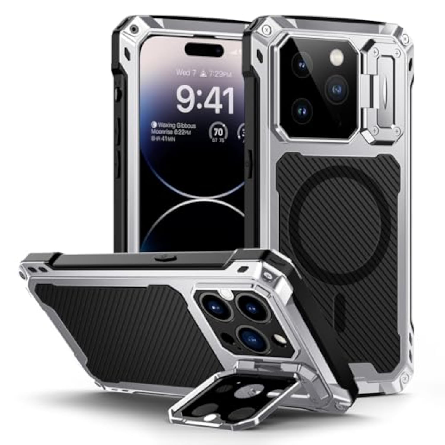 iPhone 14 Pro 6.1" Metal Case with Built-in Camera Kickstand and Glass Screen Protector, Heavy Duty Full Body Military Rugged Shockproof Magnetic Cover, Silver