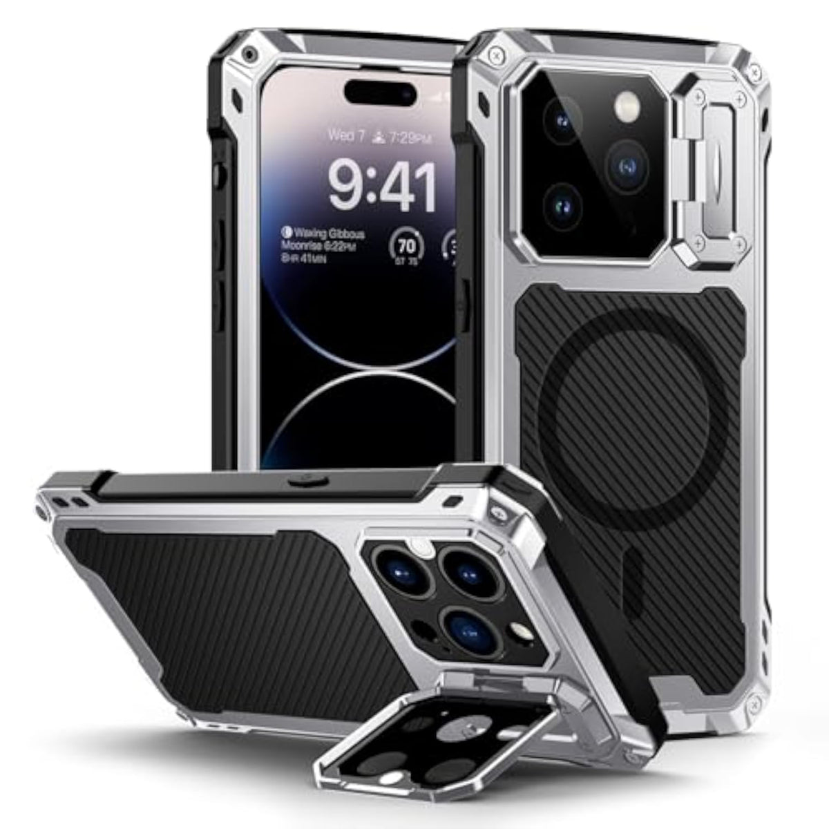 iPhone 14 Pro 6.1" Metal Case with Built-in Camera Kickstand and Glass Screen Protector, Heavy Duty Full Body Military Rugged Shockproof Magnetic Cover, Silver