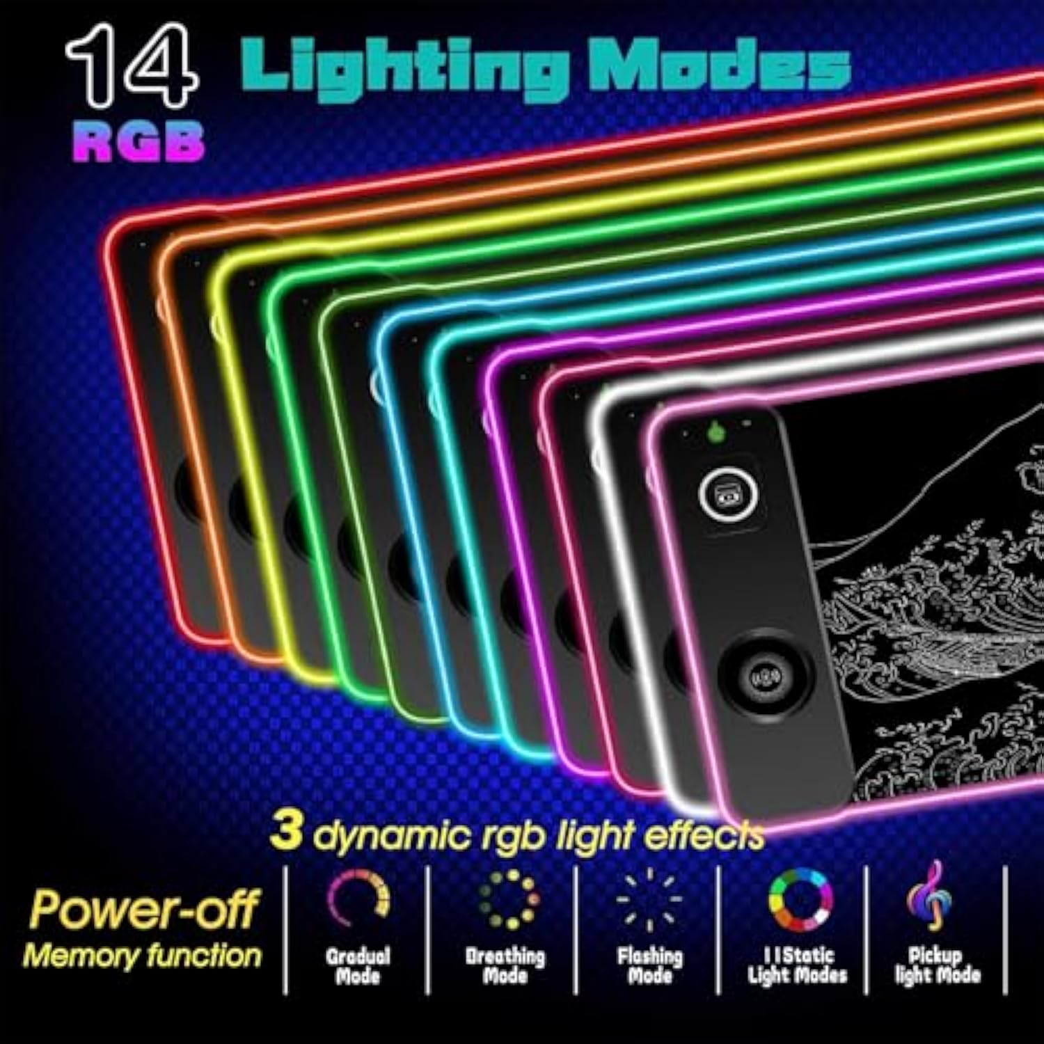 3-1 Wireless Charging Mouse Pad 15W, Japanese Sea Wave Desk Pad,Rgb Gaming Mousepad With Wireless Charger For Iphone/Airpods,Large Desk Mat,14 Light Modes,Magnetic Charging, Long Desk Pad,31.5"X11.8"