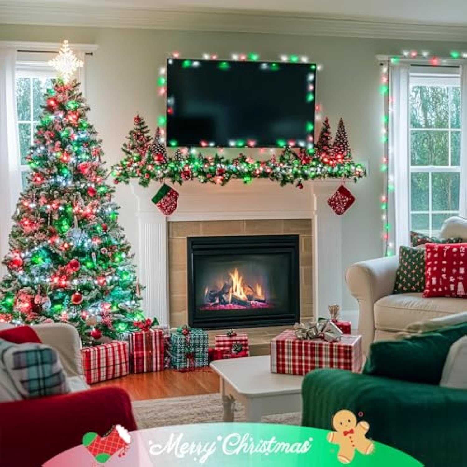 400 Led Red White And Green Christmas Lights, 132Ft Christmas Tree Lights With Remote, Outdoor Indoor String Light Plug