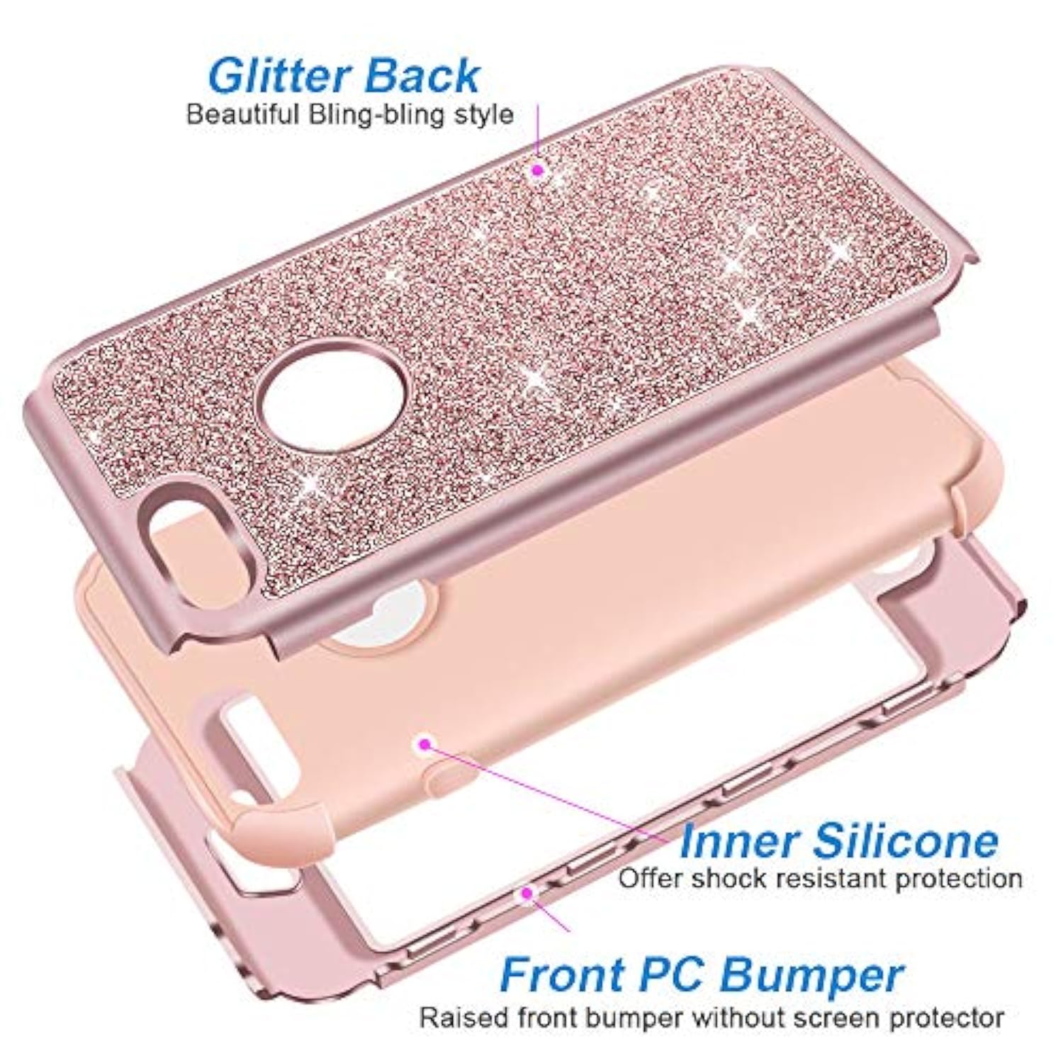 Designed For Iphone 8, Iphone 7 Case, Heavy Duty Full-Body Defender Protective Case Bling Glitter Sparkle Hard Shell Hybrid Shockproof Rubber Bumper Cover, Rose Gold