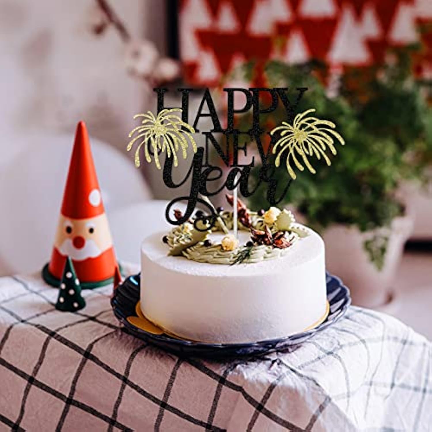Happy New Year 2025 Black Glitter Cake Topper Party Decorations
