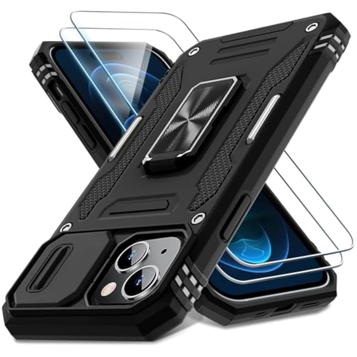Case For Iphone 15 With Slide Camera Cover + Screen Protector (2 Packs), Rotated Ring Kickstand Grade Shockproof Protective Cover-Black