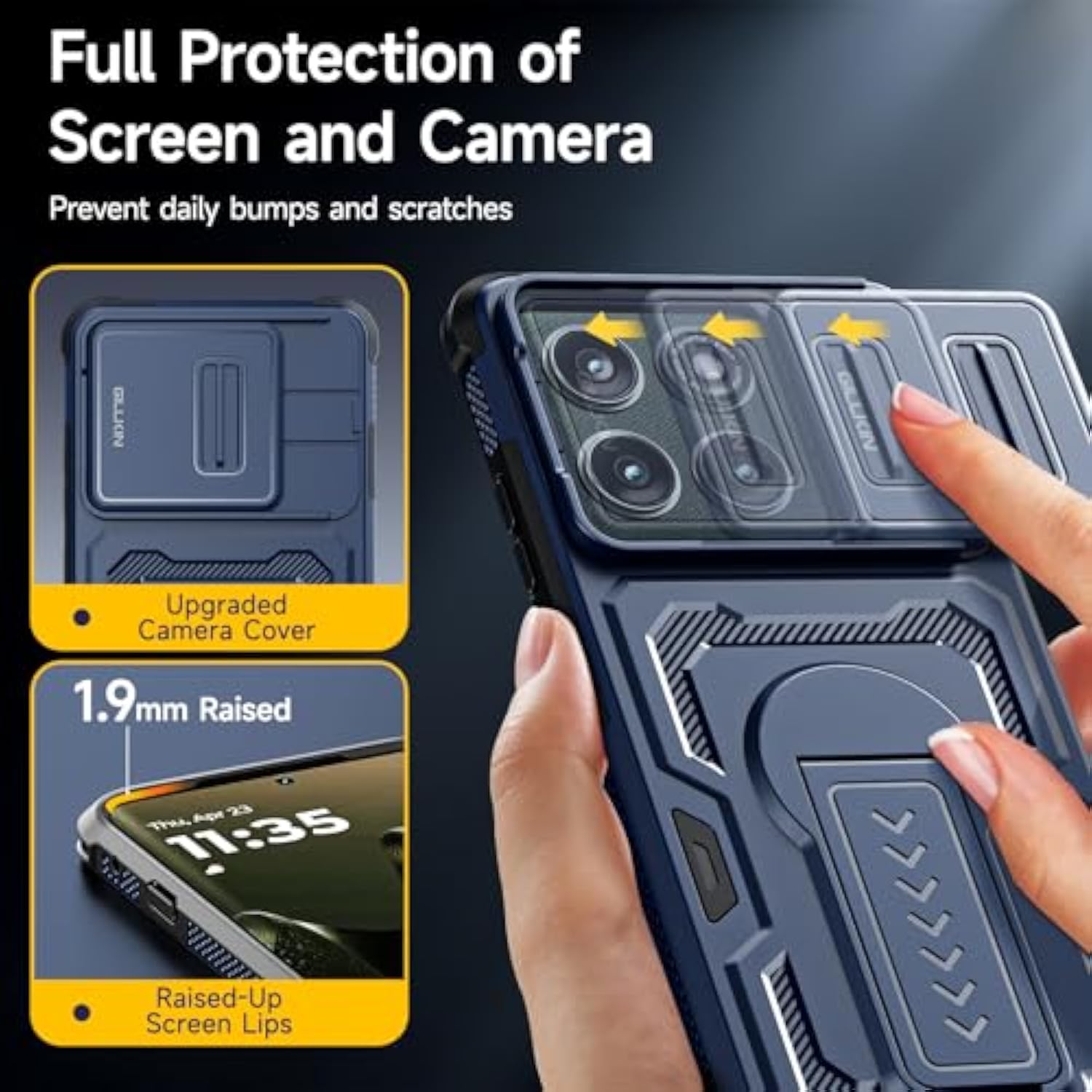 For Motorola Edge 2025 Case With Screen Protector, Slide Camera Cover & Kickstand, Lanyard Strap,Military Grade Shockproof Protective Heavy Duty Non-Slip Phone Case For Moto Edge 2025, Blue