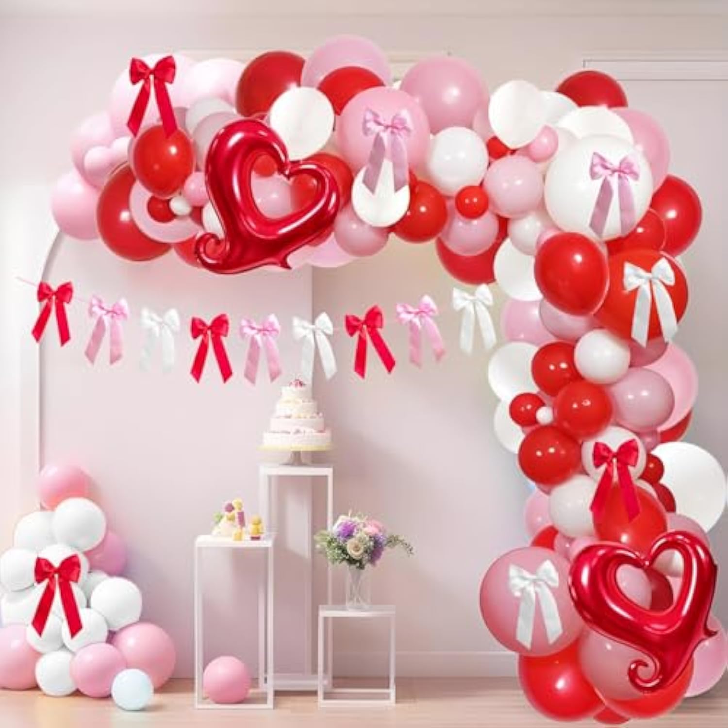 Valentines Day Party Balloons Arch Garland Kit, Red Pink White Bows Decorations, 106Pcs Balloons & Accessories For Valentines Engagement Party Birthday Decorations