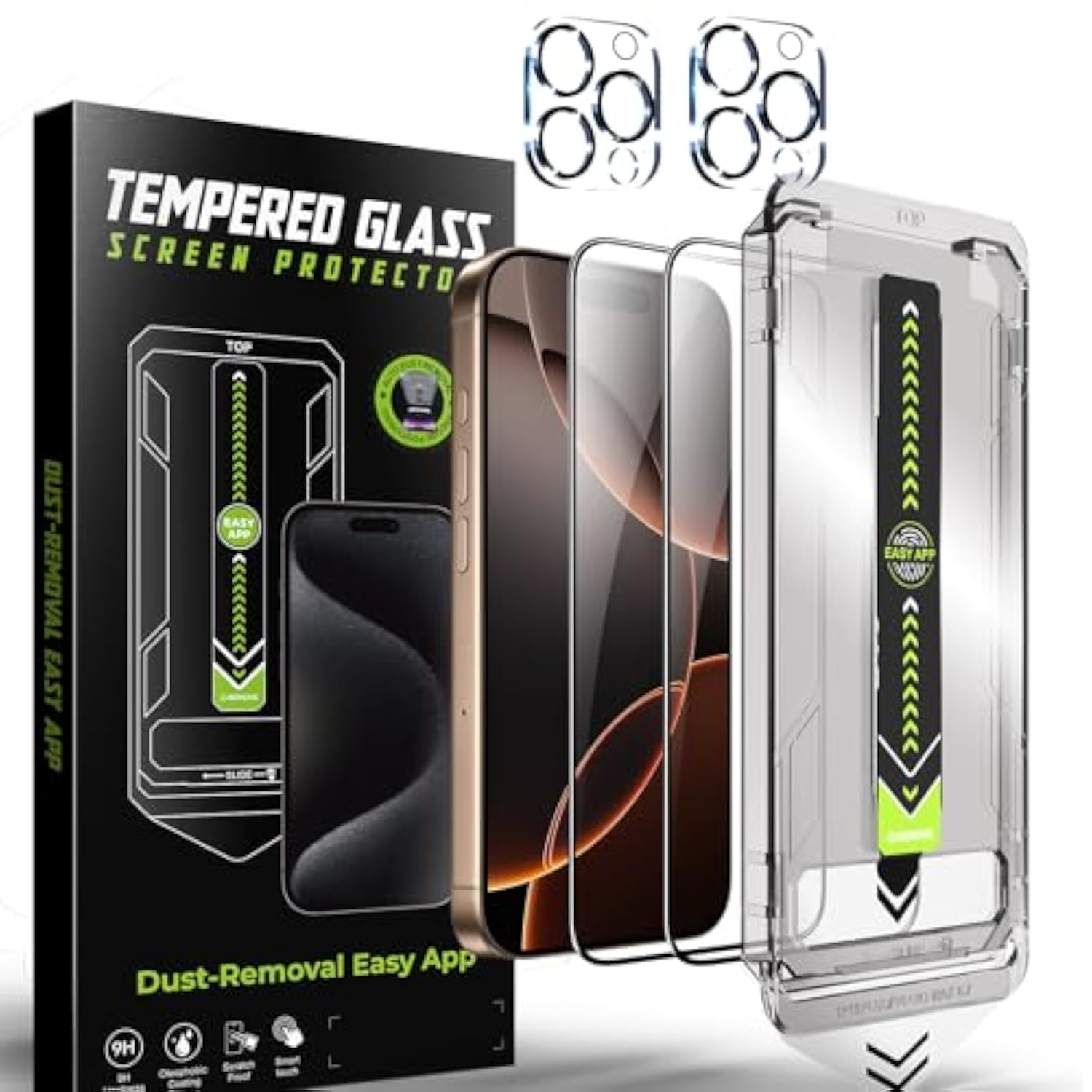 [2+1+2 Pack For Iphone 16 Pro Screen Protector With Camera Lens Protector, [Military Grade Shatterproof], Top 9H Tempered Glass, Full Edge Coverage, With Dust Free Easy Installation Tool