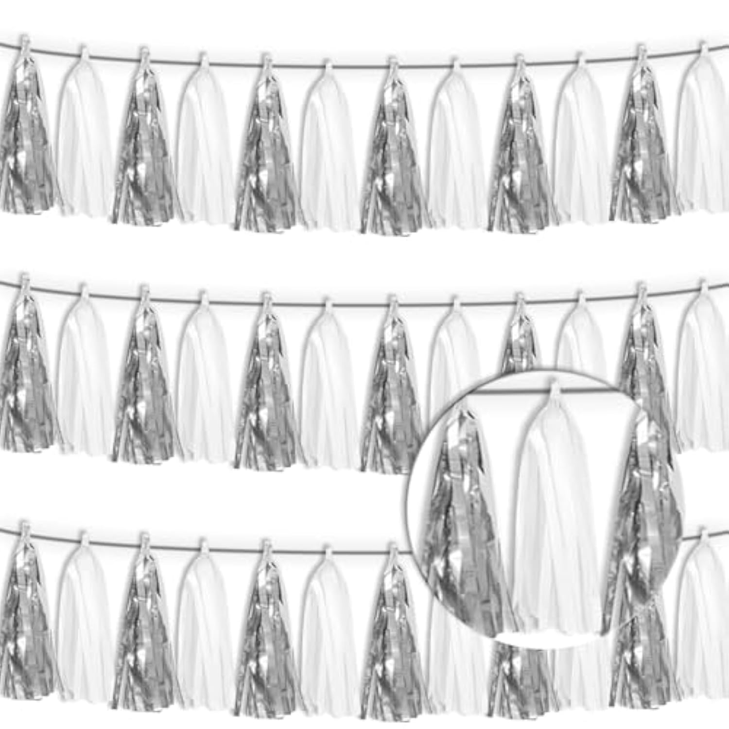 3P White Silver Metallic Fringe Tassel Banner Garland Foil Tinsel Streamer Wall Hanging Curtain Backdrop Banner For Parade Floats, Graduation Bridal/Baby Shower Retirement Party Decorations